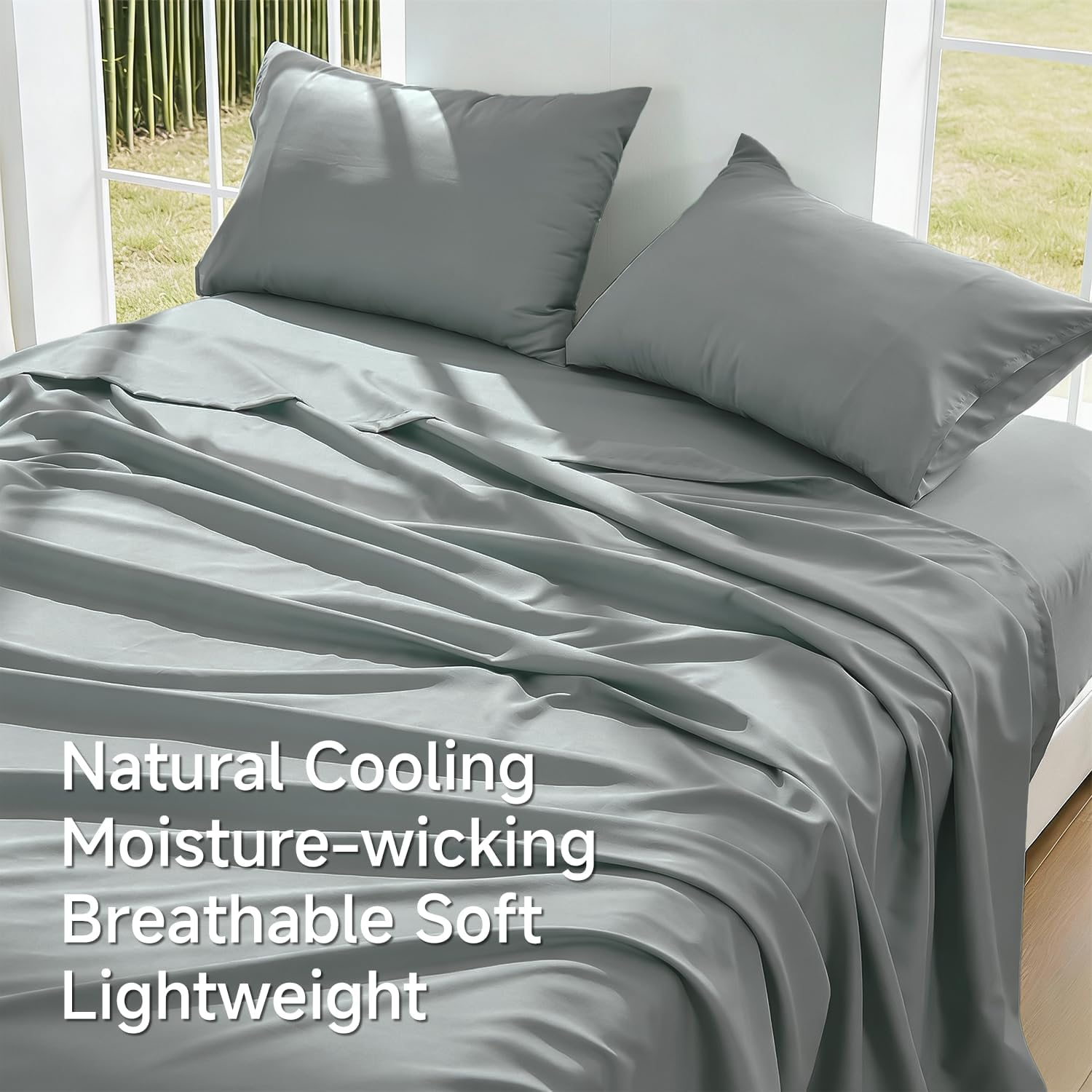 Lovana Bamboo Cooling Sheet Set King for Hot Sleeppers,4 Pack Bed Sheets Set,40Cm Deep Pocket,2000Tc Soft Bedding Natural Breathable & Sweat-Wicking,Silver