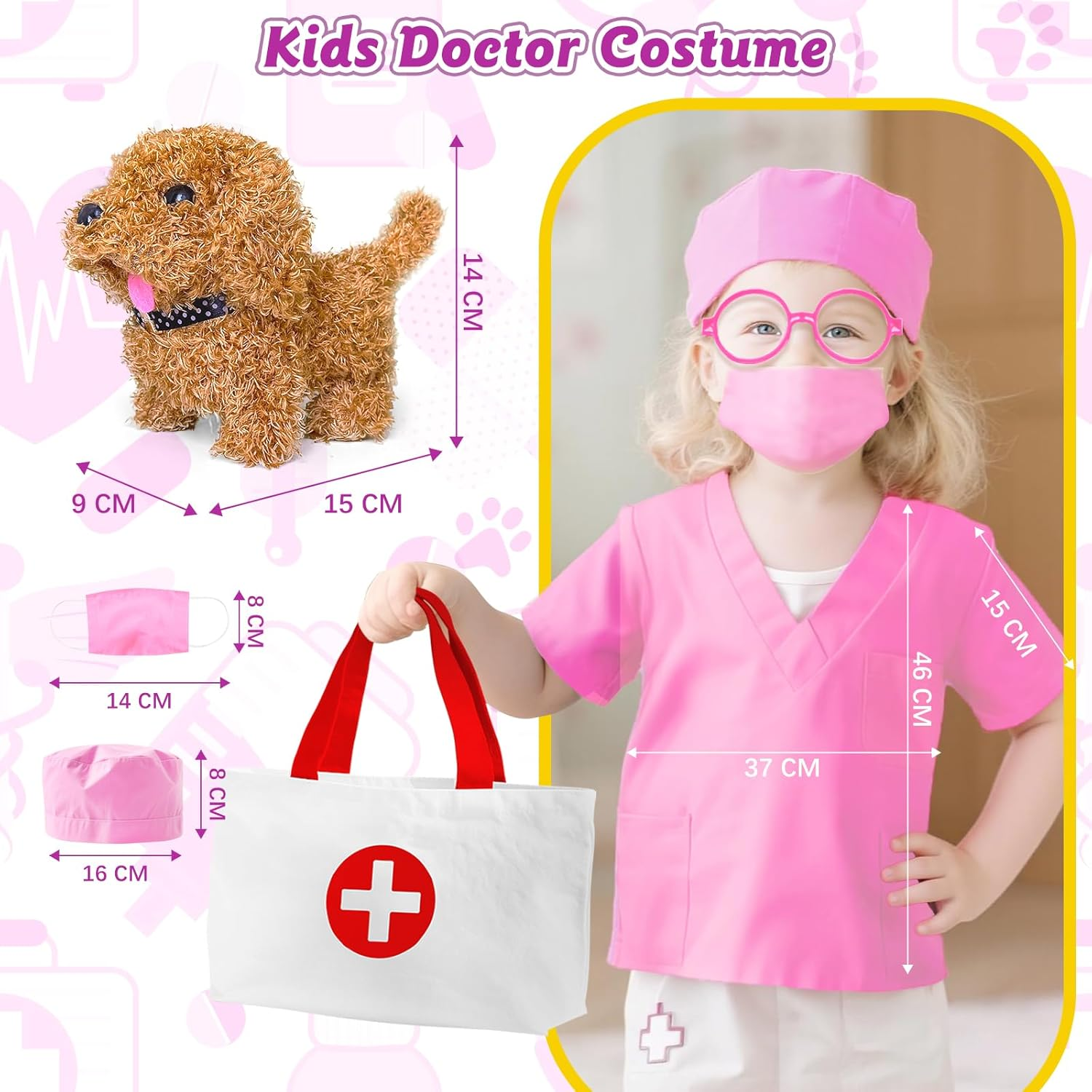 PELOSTA 34PCS Doctor Kit for Toddlers 3-5, Pretend Play Doctor Play Set with Dog Toy, Doctor Costume, Carrying Bag, Stethoscope, Dress up Toys for Girls Aged 3 4 5 6 7 8 (Pink) image number 6