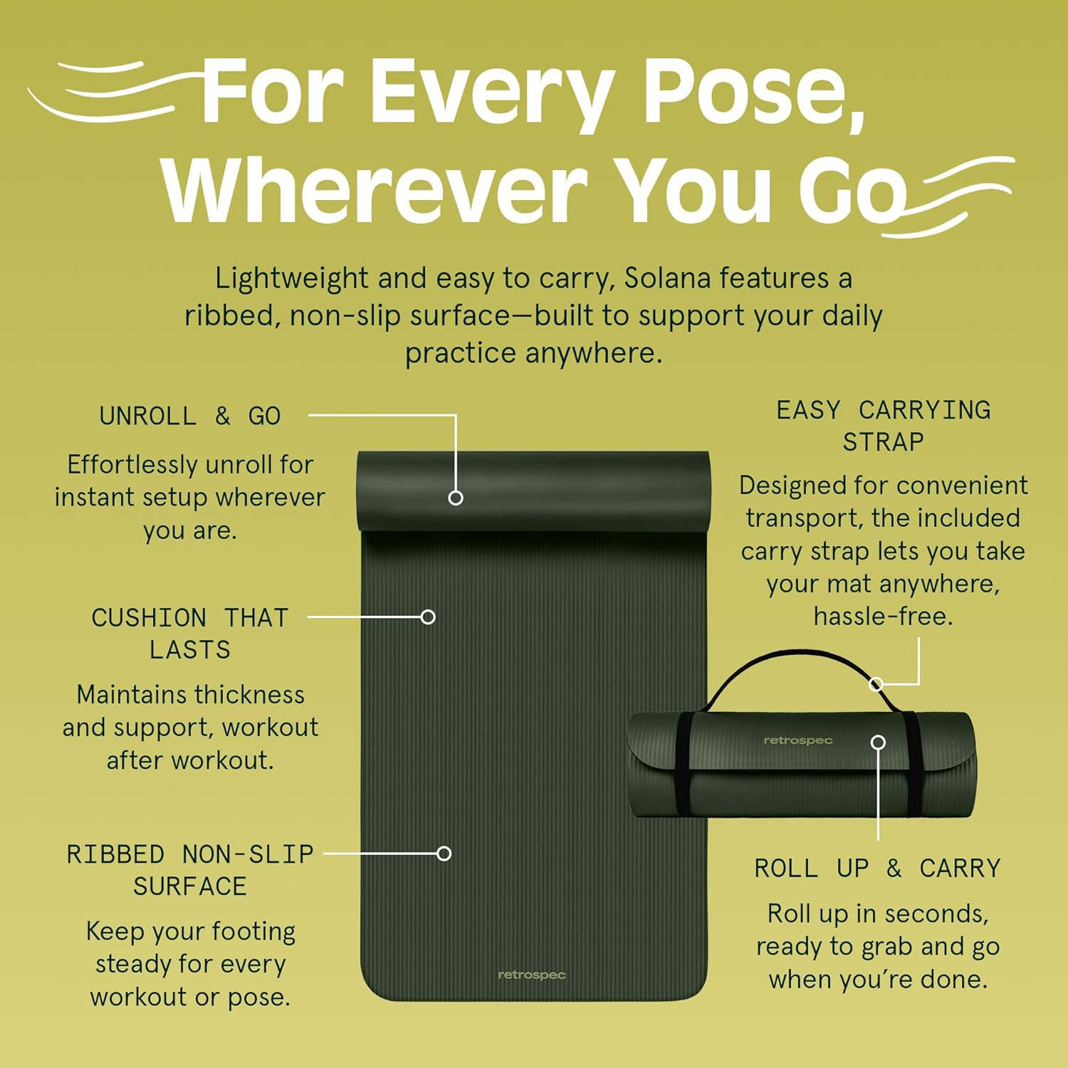 Retrospec Solana Yoga Mat 1" & 1/2" Thick W/Nylon Strap for Men & Women - Non Slip Exercise Mat for Yoga