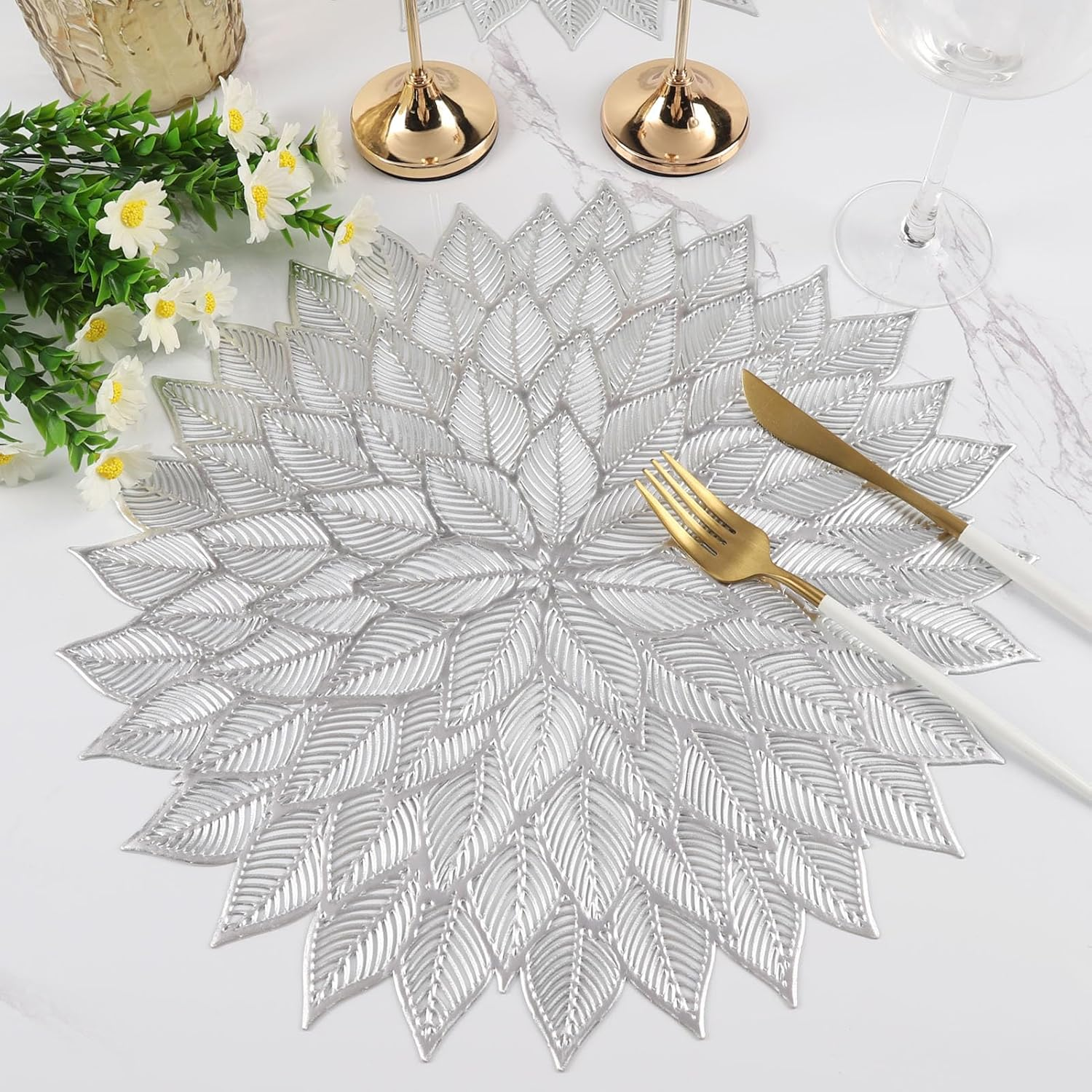 Placemats Set of 6, round Hollow Out Flowers Place Mats for Dining Table Pressed Vinyl Blooming Leaf Table Mats for Holiday Party Wedding Accent Centerpiece Dinner Table Decoration (Silver) image number 5