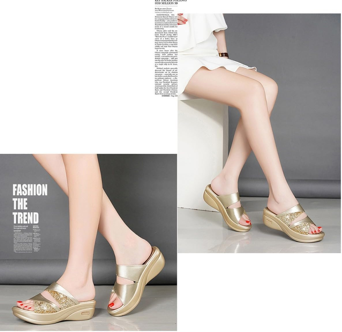 GALPADA Women Summer Wedge Slippers with Thick Sole, Fish Mouth Open Toe Casual Sandals for Outdoor Wear, Gold Color Size 41 Comfortable Mom Shoes image number 1