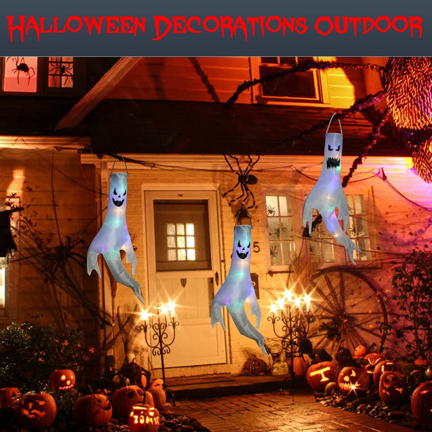 Halloween Decorations,2 Pack 57''Halloween Inflatables Glowing Hanging Flags Decor,Halloween Outdoor Decorations Ghost Windsocks with LED Light,Halloween Yard Decorations for Party Indoor Outdoor image number 5