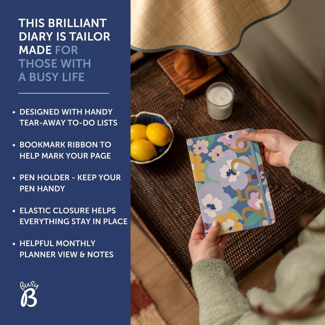 Busy B A5 Diary - Mid-Year Academic Diary - Aug 25 - Aug 26 - Floral Print - Weekly Planner with To-Do Lists, Notes, Week-To-View, 3 Pockets, Year Planner & Elastic Closure