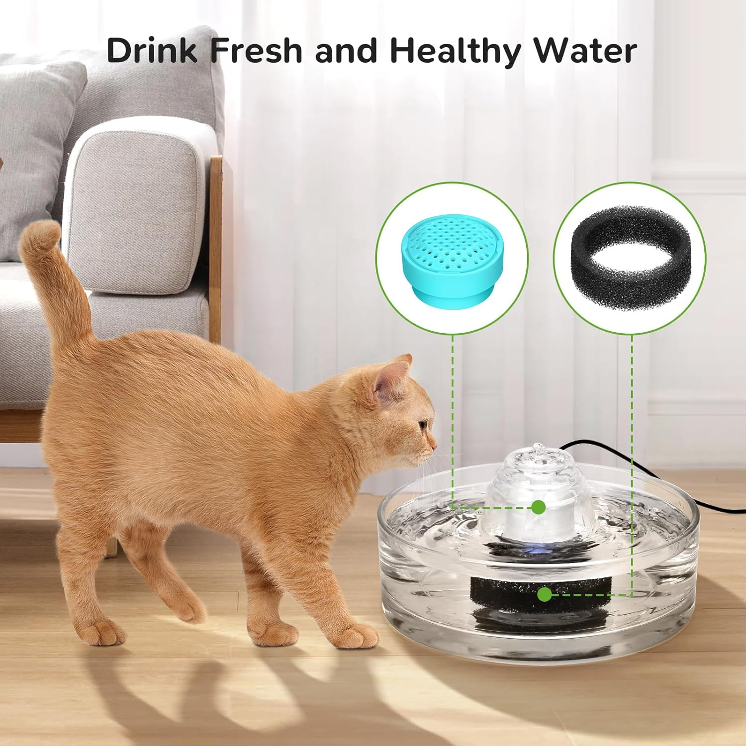Vindox Cat Fountain Filter, Replacement Filter for 2.7 L Drinking Fountain for Cat Glass, Activated Carbon Ion Exchange Resin Filter (6 Replacement Filters + 6 Filter Sponges) image number 4
