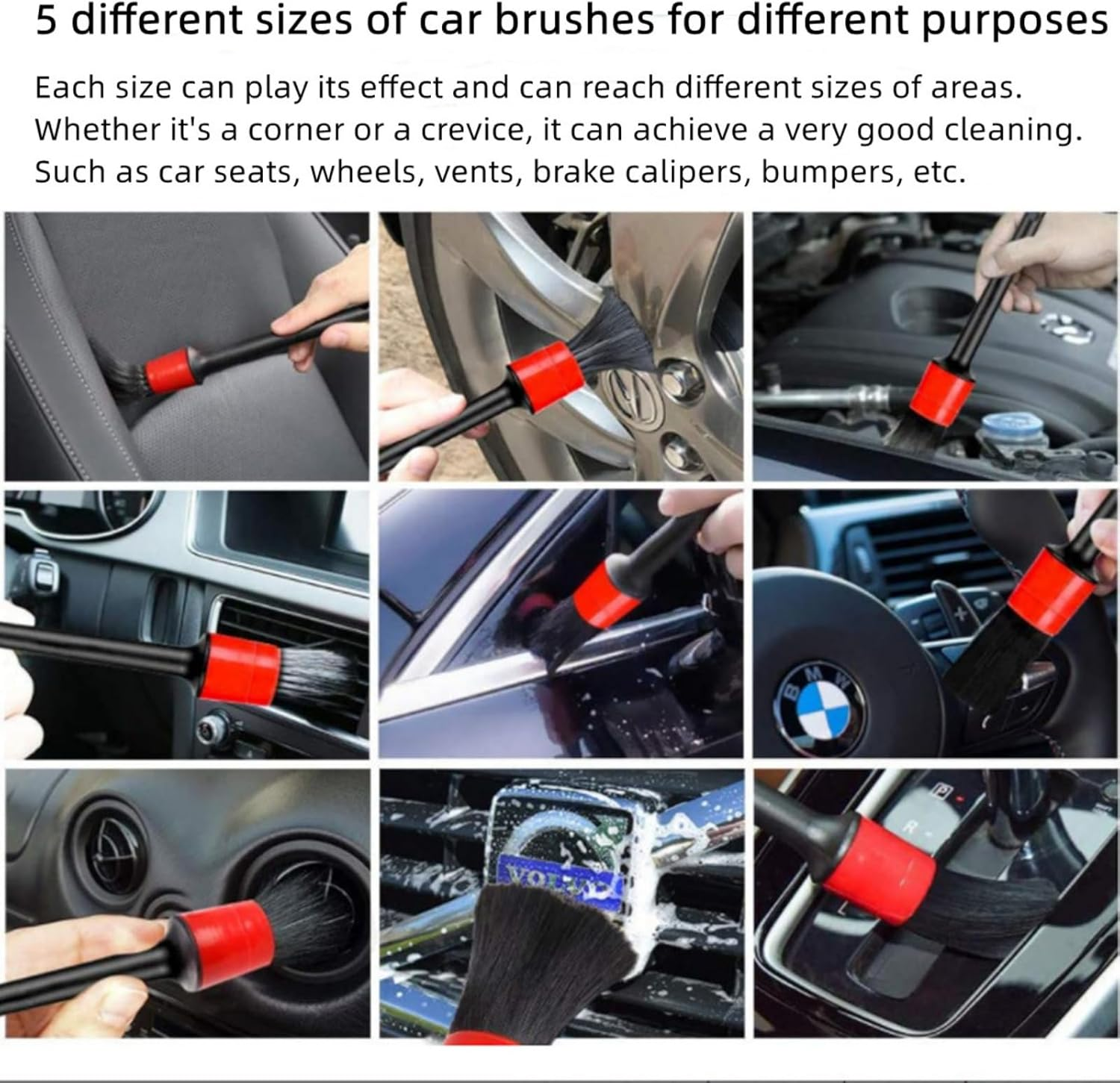 5 Piece Car Detail Brush Interior Cleaning Set Comes with 5 Different Sizes of Soft, Detail Cleaning Brushes for Cleaning the Interior and Exterior of Your Car, Dashboard, Engine, Seats image number 2