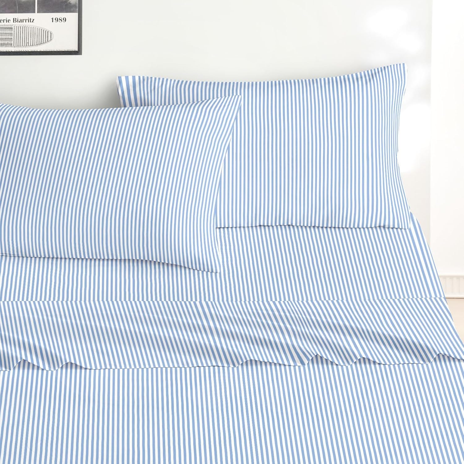 Wake in Cloud - Striped Bed Sheets Set, Ultra Soft Microfiber Ticking Stripes Pinstripe Pattern Printed Bedding, Flat & Fitted Sheet & 2 Pillowcases, 4 Piece, Blue, Queen Size image number 5