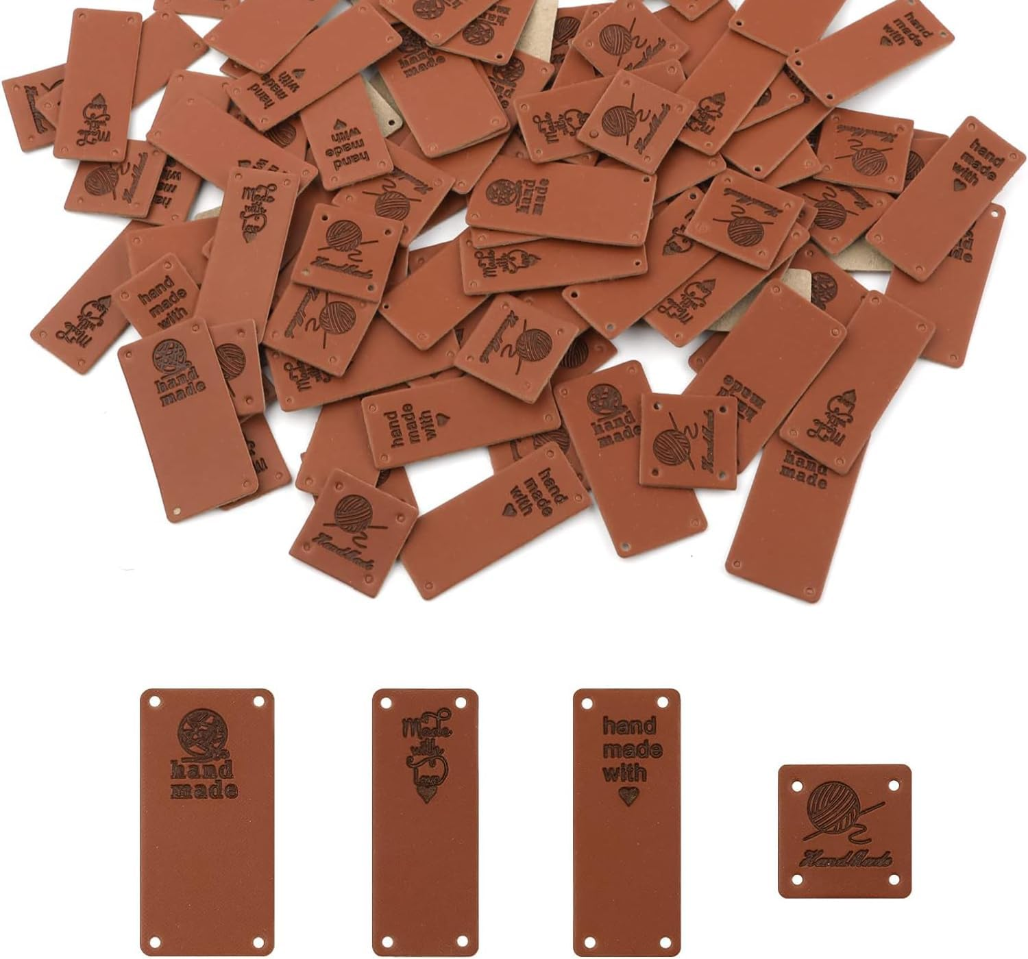 120Pcs Handmade Leather Labels, Funcyboo Handmade Labels Tags PU Leather Label Tags Handmade Embossed Tags with Holes for DIY Crafts Clothing Handmade Knitting (4 Patterns) image number 2