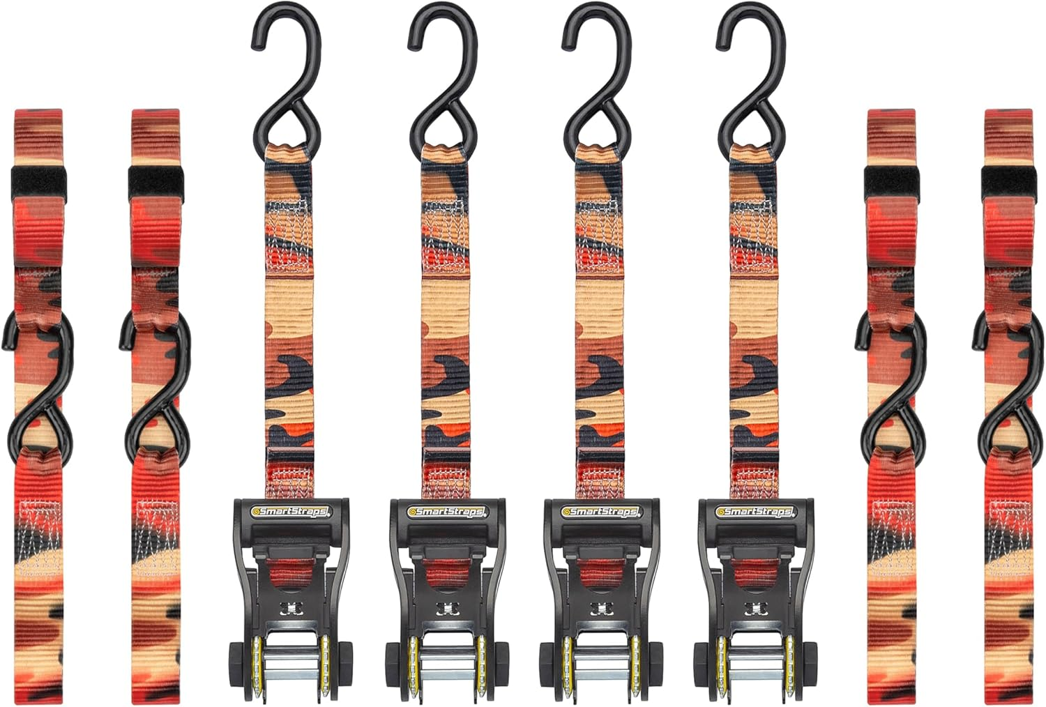 SMARTSTRAPS 14&rsquo; Camox Ratchet Straps, 4 Pack &ndash; 3,000Lbs Break Strength, 1,000Lbs Safe Work Load &ndash; Premium Duty Tie Downs for Heavier Loads, Orange Camo Webbing