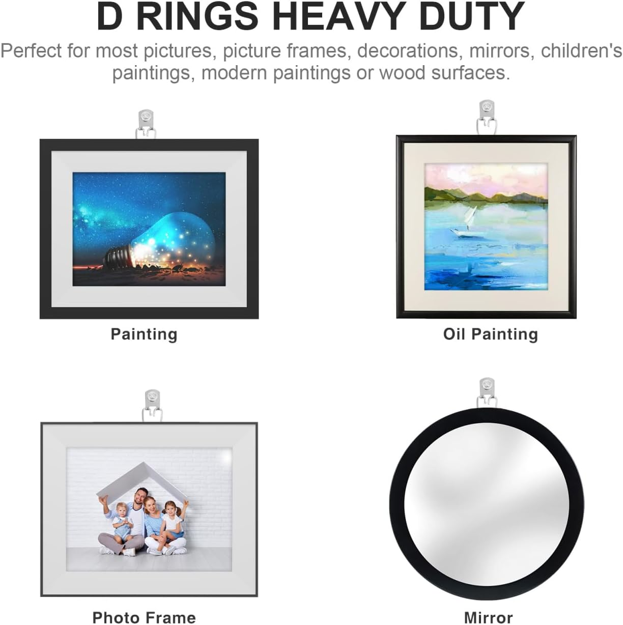 Tofficu 100Pcs D-Ring Picture Hooks Wall Hangers for Mirrors Canvas Frames Photo Art Hanging Hardware Heavy Duty Metal 1.26X0.55 Inch image number 5