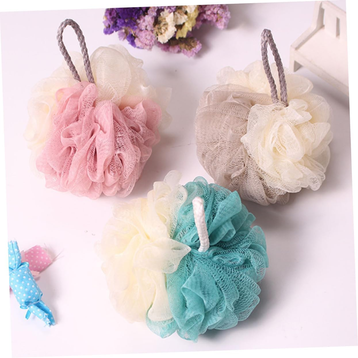 LRXIYODE 4Pcs Two-Tone Bath Loofah Shower Balls Skin Body Scrubbers Portable Bath Sponges for Household Use Rich Bubble Exfoliating Shower Loofah for Washing image number 3