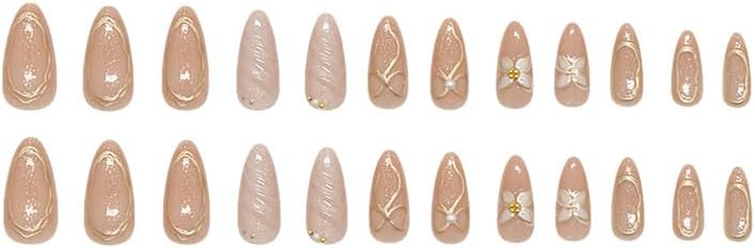 LYMCY Press on Nails, 3D Gilded Outline Flowers, Pearls, Bow, and Pearlescent Waves Fake Nails, Artificial Nails for Women and Girls -24 Pcs