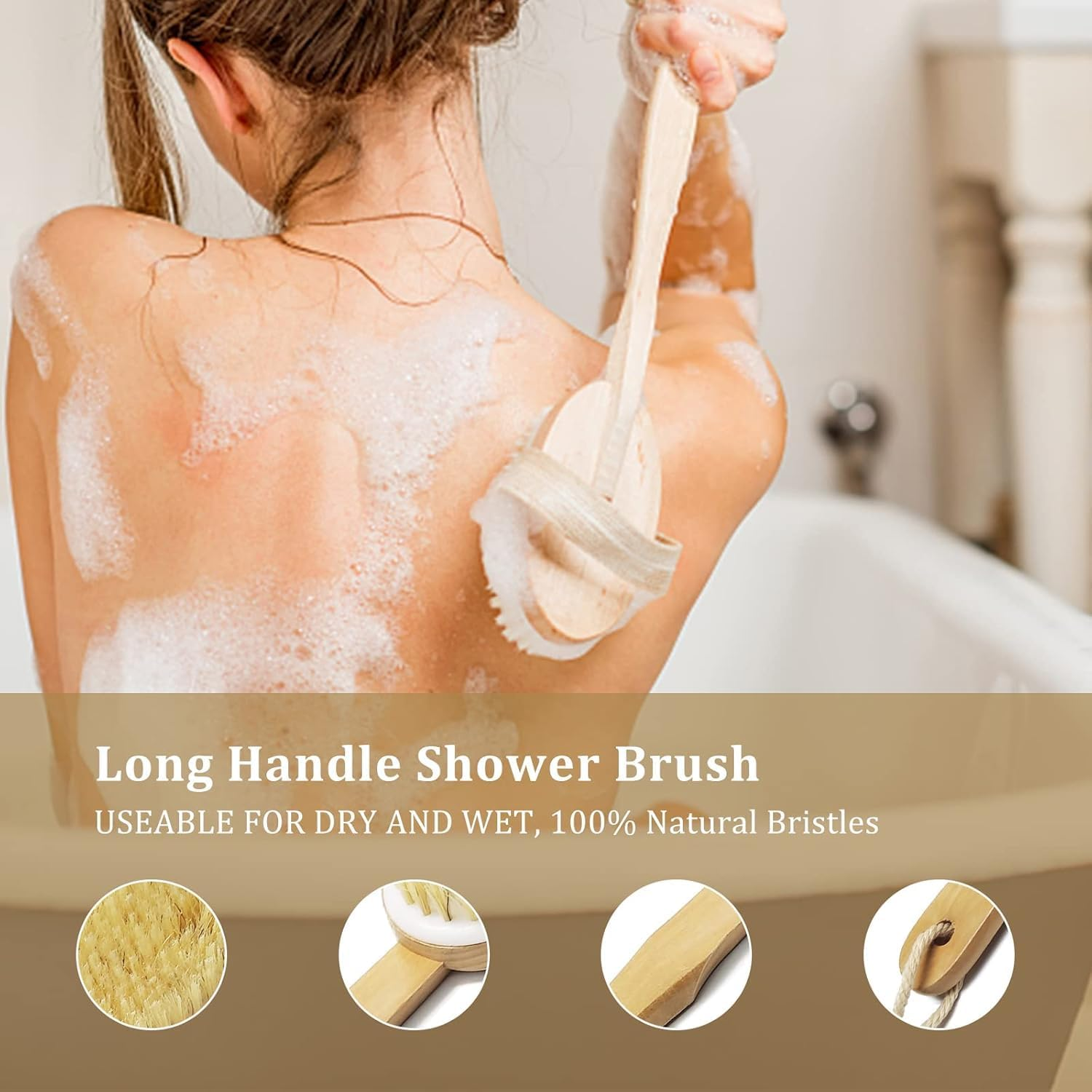 5 Pcs Exfoliating Brush Bath Brush Kit, Body Brush Set, Natural Boar Bristle Body Brush, Back Scrubber, Face Brush, Feet Brush, Massage Nodules Brush Wooden, Suitable for All Kinds of Skin image number 4