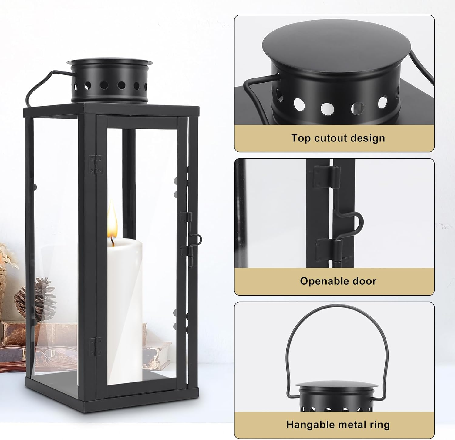 Black Metal Lantern Decorative Set, Modern Farmhouse Lantern Decor with Hurricane Glass, Set of 2 13.8" & 9.5" Vintage Hanging Tower Lantern Metal Candle Holder (13.5 * 13.5 * 35CM+10 * 10 * 24CM) image number 3