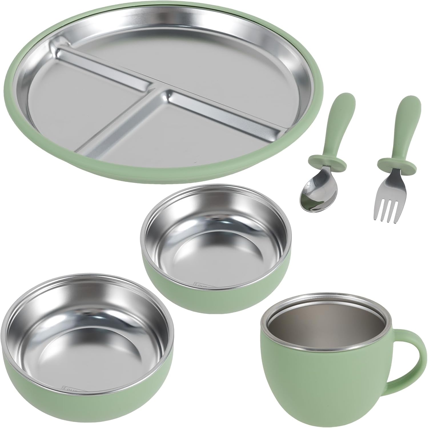 Awobepl 6Pcs Stainless Steel Suction Plate Firm Adhesion Utensils with 4 Silicone Suction Cup anti Drop for Children (Light Green)