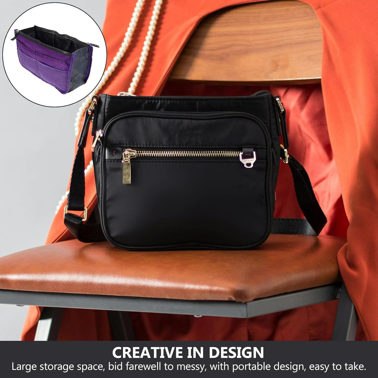 WESIEVYA Multipurpose Foldable Handbag Liner with Double Layers and Multiple Pockets Large Capacity Nylon Travel Bag Organizer for Women Purple