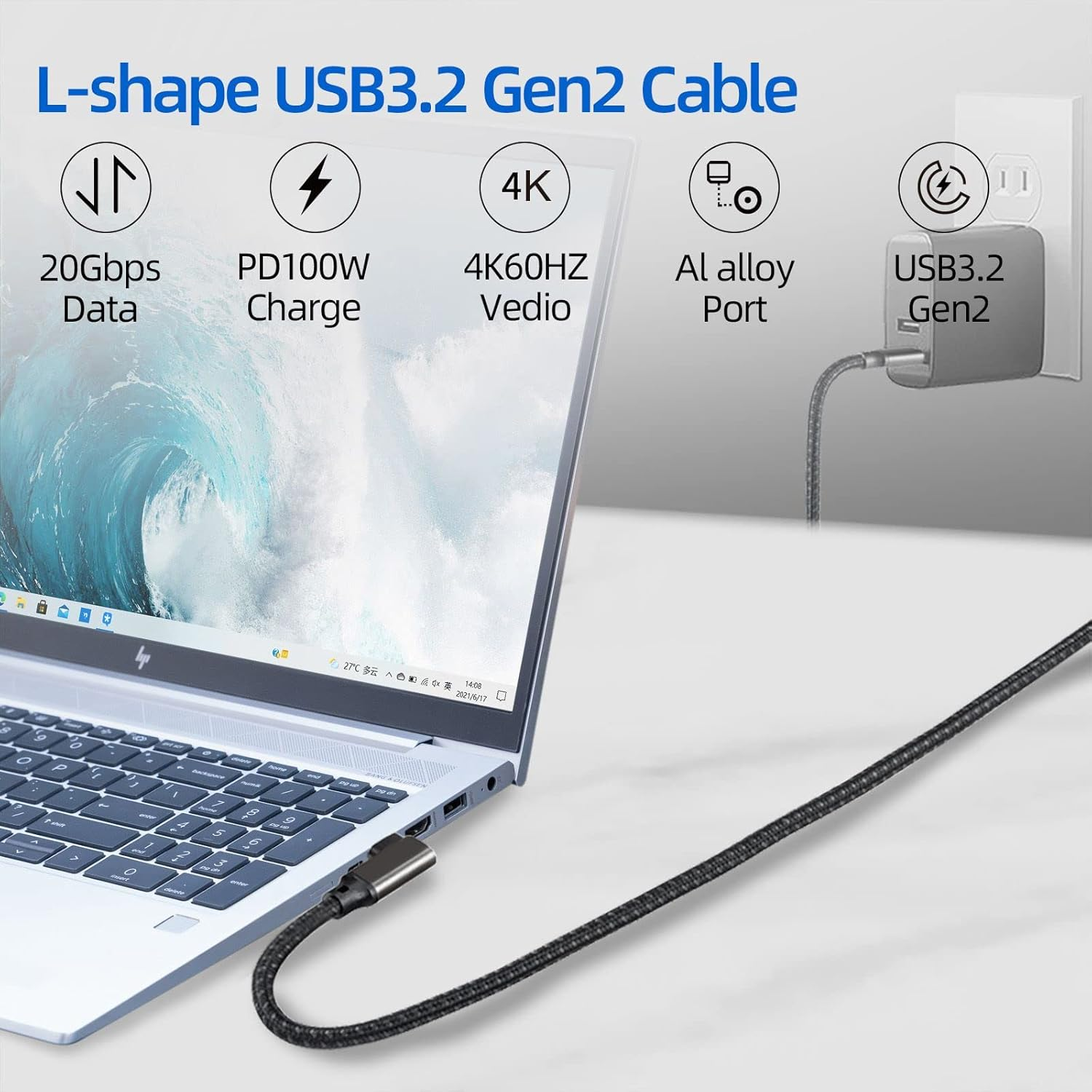 USB C to USB C 3.2 Gen2 20Gbps PD 100W Cable [3.3Ft Nylon Braided L-Shape], Sisyphy 4K@60Hz Monitor Video Cable Compatible with Surface, Macbook Pro/Air, Ipad Pro, Pixel and More Type-C Devices