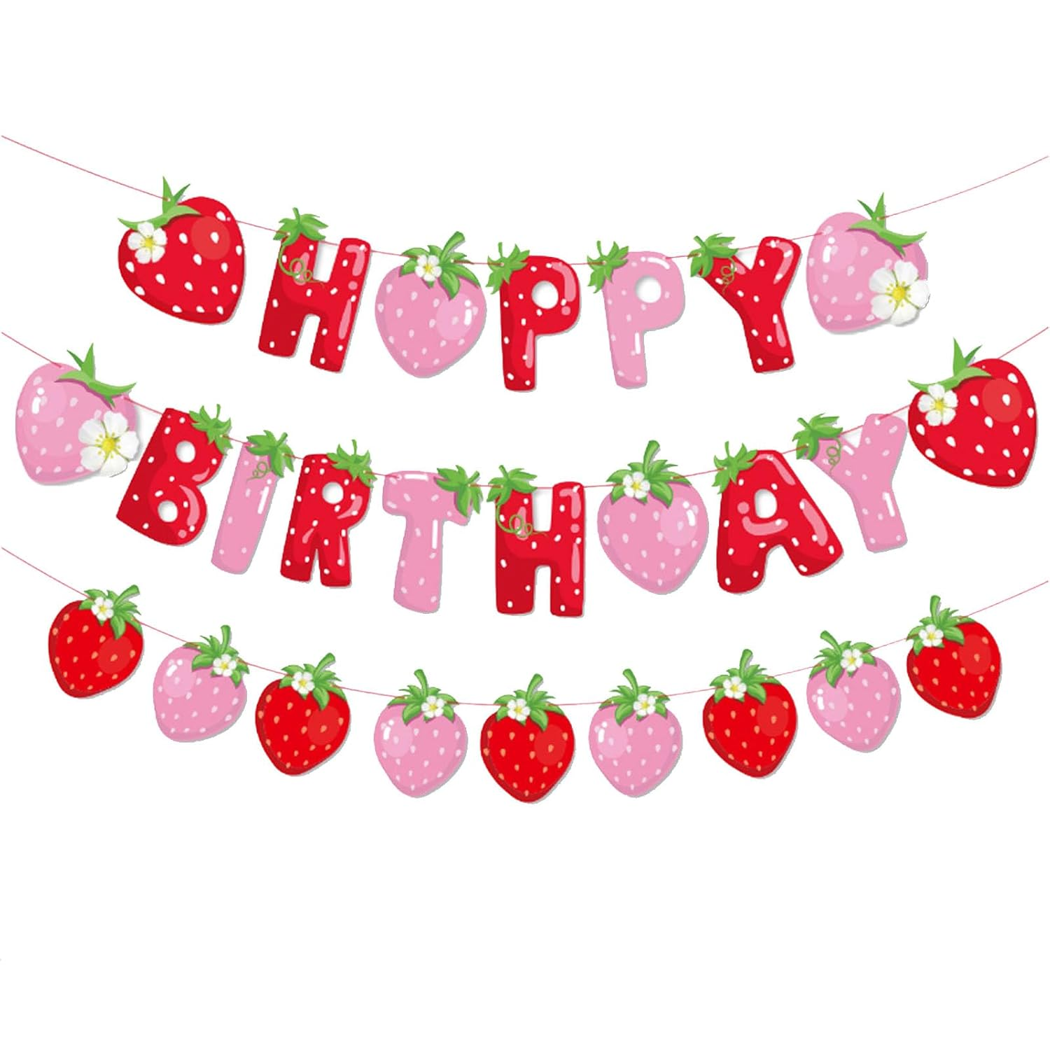 Strawberry Fruit Banners - Happy Birthday Theme Party Hanging Backdrop Decorations for Girls HBD Celebration