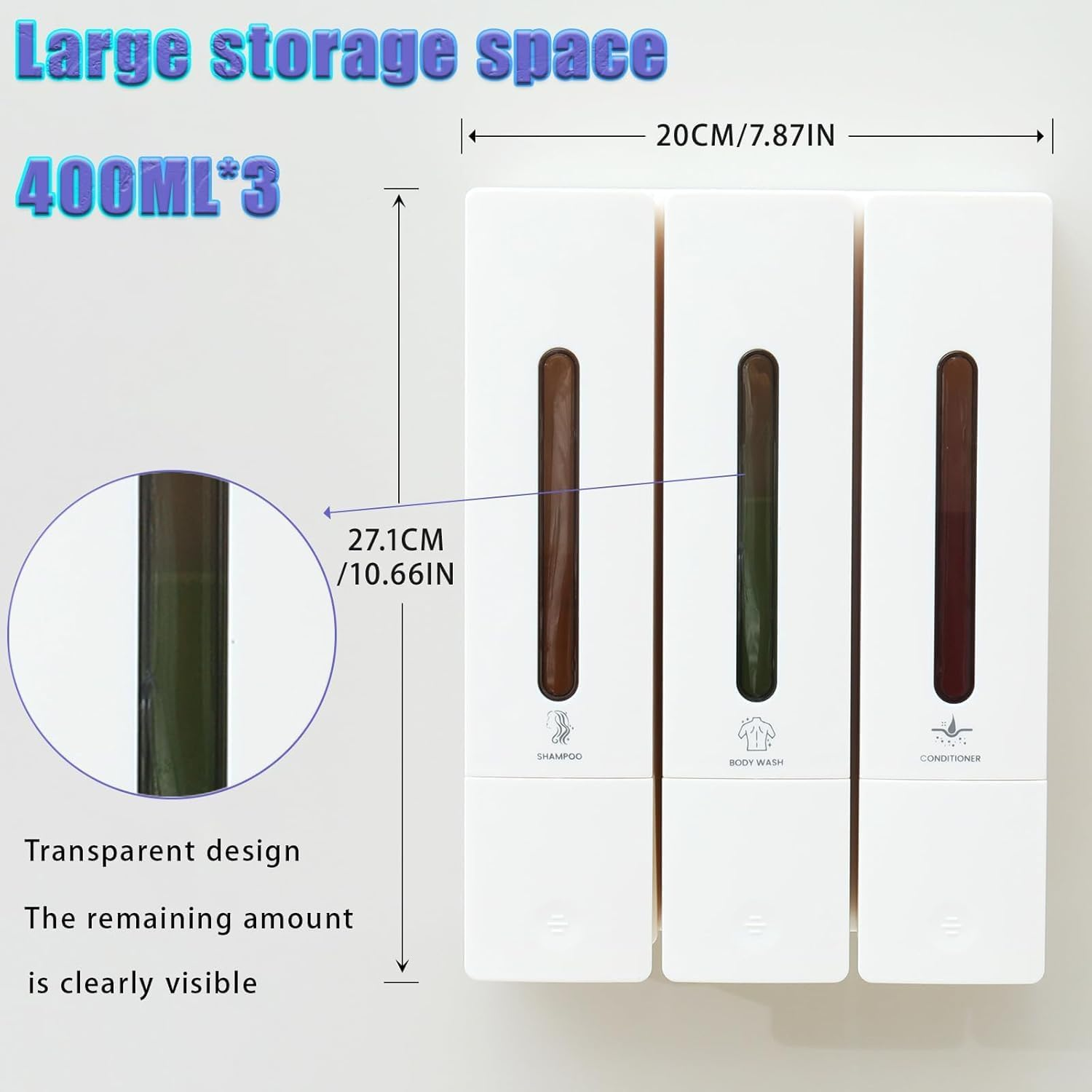 3-In-1 Shampoo and Conditioner Dispenser, Bathroom Shower Dispensers, 3 Chamber No Drill Wall-Mounted Shower Soap Dispenser for Bathroom Hotel (White)