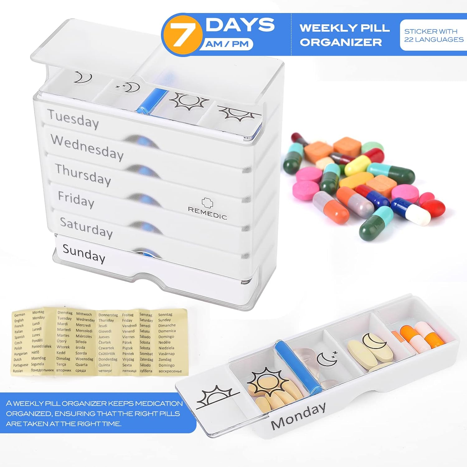 Weekly Pill Organizer 4-Times-A-Day 7 Day Pill Box Large Compartments Moisture-Proof Pill Case Medication Organizer Portable Travel Container for Vitamins Fish Oil Compartments Supplements Easy Grip image number 2