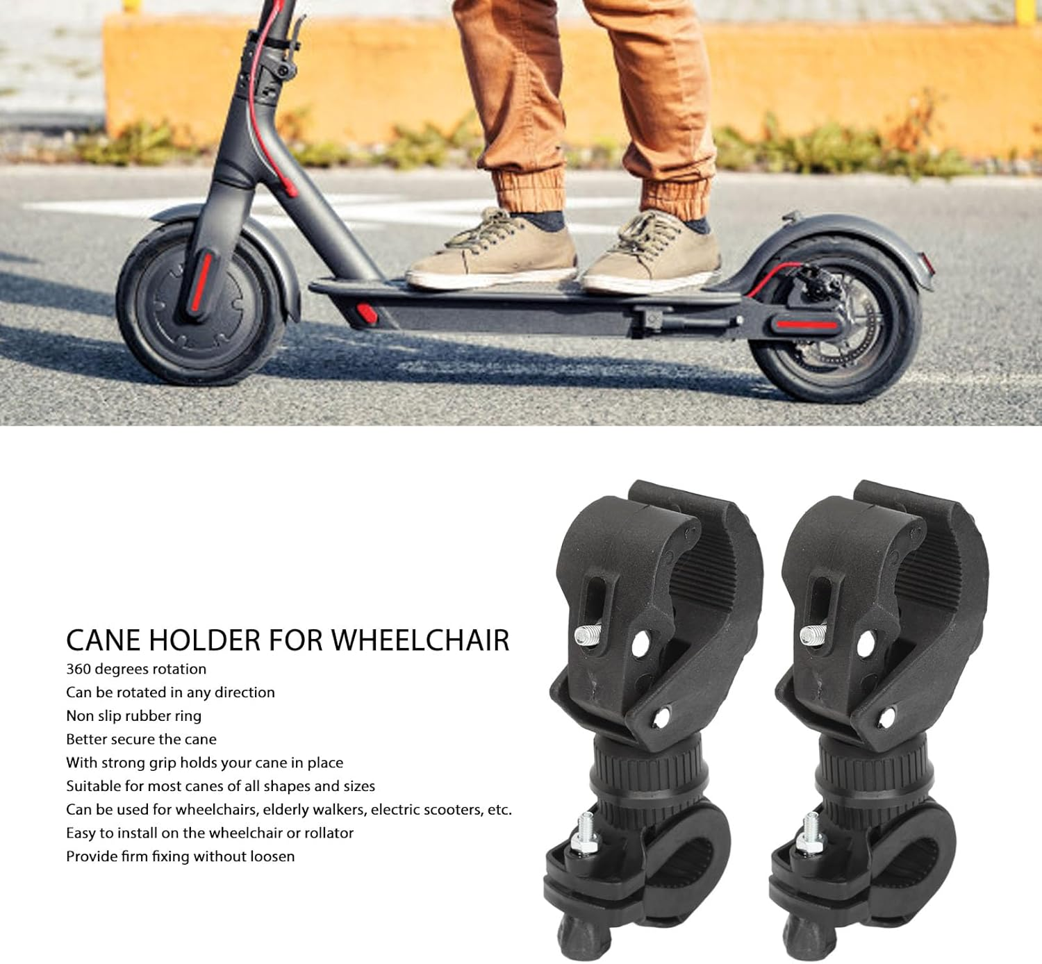 Cane Holder for Walker, 2 Sets 360&deg; Rotation Universal Adjustable Walking Stick Holder, Walking Stick Rack Wheelchair Accessories for Seniors Wheelchairs, Walker Rollator image number 6