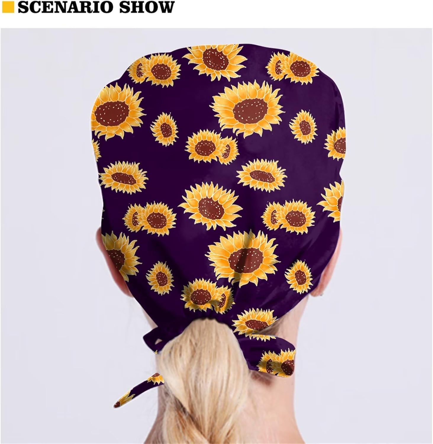 Yuuxorilu Scrub Cap Set 4 Pack,Women Men Working Cap with Adjustable Tie Sweatband - Hippie Daisy Yellow image number 4