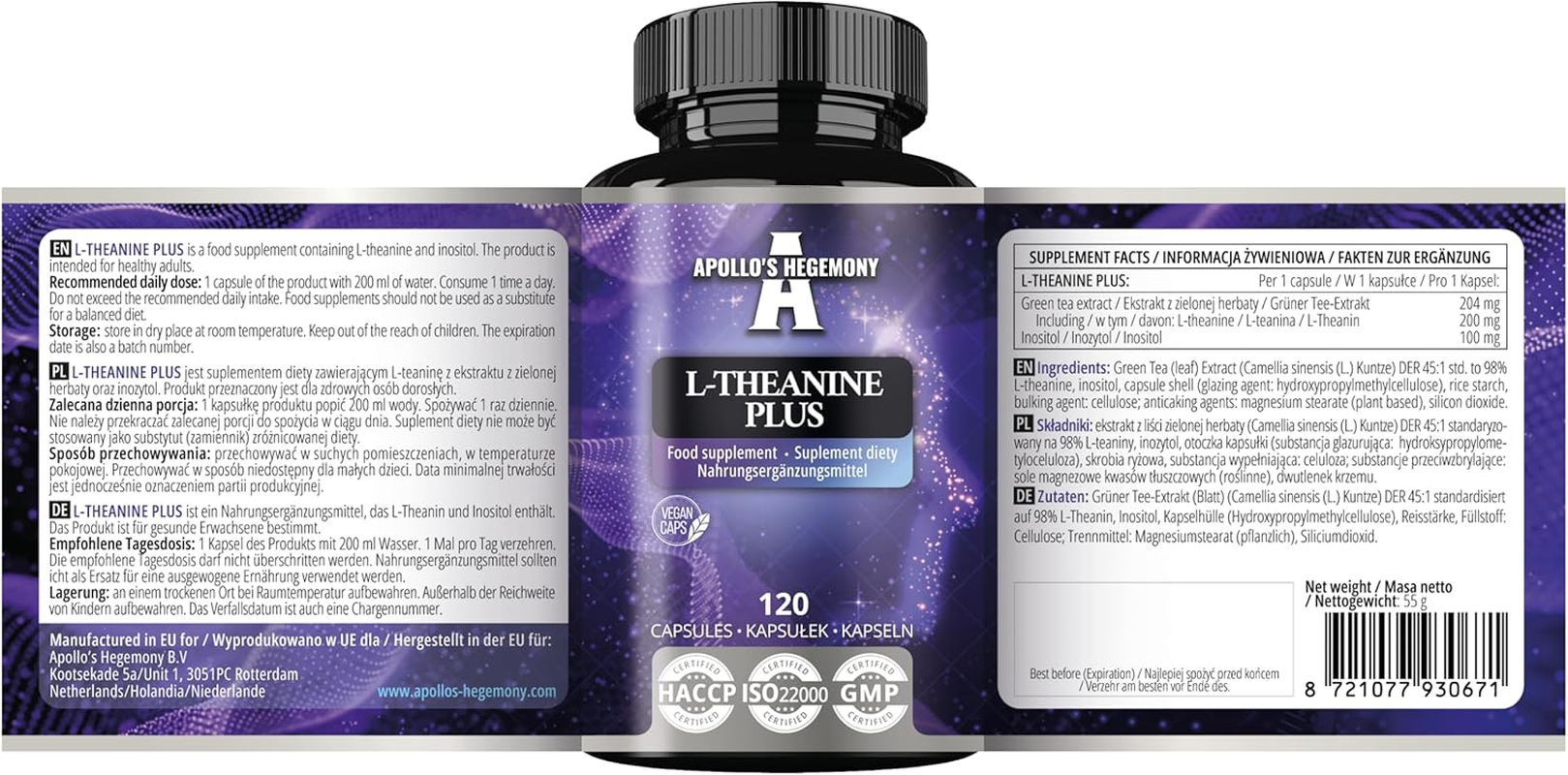 L-Theanine (98% Green Tea Extract) with Myo-Inositol 300 Mg - 120 Vegan Capsules - 4 Month Supply - Supports Mental Clarity and Stress Management - Amino Acid Supplement - by Apollo'S Hegemony image number 3