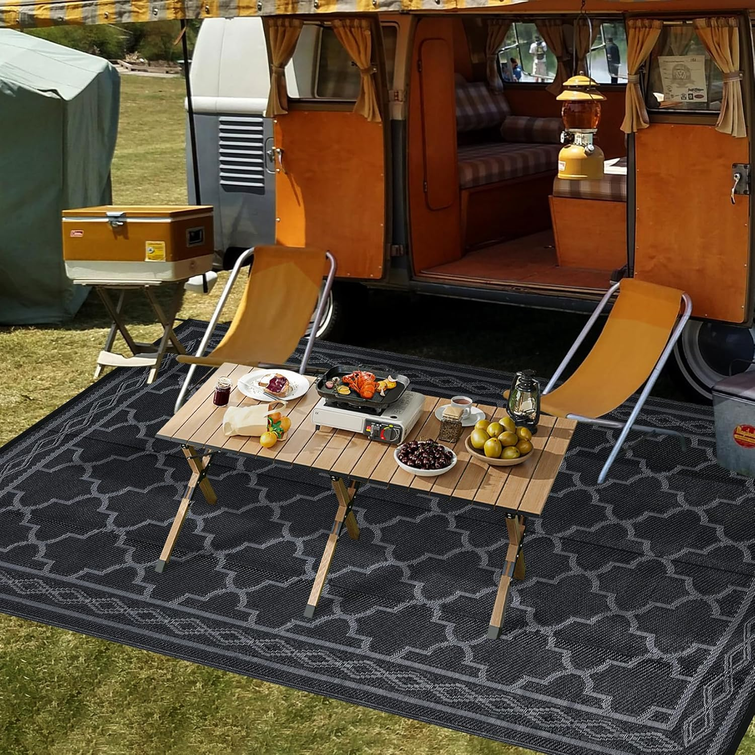 Lintimes Outdoor Rug for Patio Clearance, 152 X 244 Cm Reversible Mats, Waterproof Carpet, Plastic Straw Rug for Indoor Outdoor, Floor Mat&Rug for RV Porch Backyard Deck Beach, Black Gray image number 1