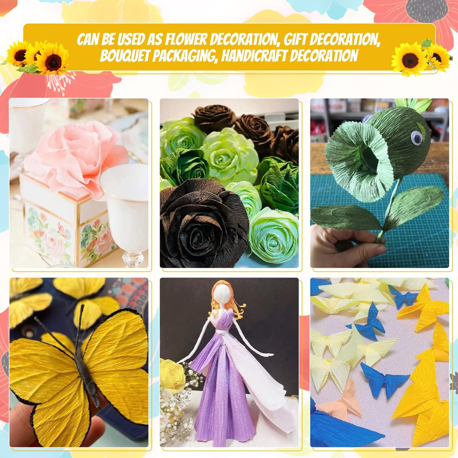 Crepe Paper 8 Rolls Wide Crepe Paper Streamers 10 Inch X 8 Feet Artificial Floral Arrangements DIY Flower Making Kits Green Floral Tape and Wire for Wedding Festival Party Decorations Craft Supplies