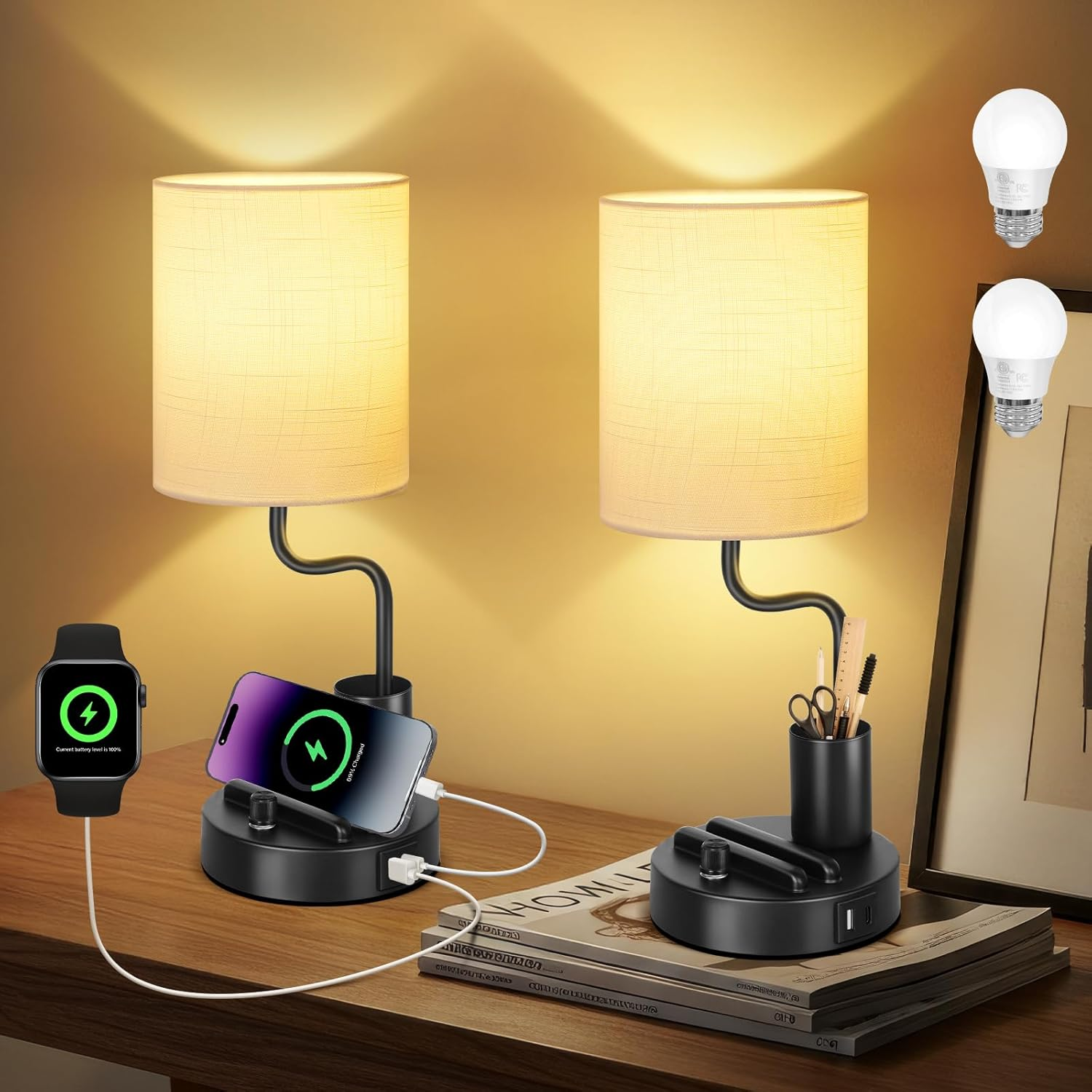 OUTON Bedside Table Lamps &ndash; Stepless Dimmable Nightstand Light with Linen Shade, USB-A & USB-C Ports, Phone Stand & Pen Holder, 2700K Warm LED Bulb Included, for Bedroom, Dorm, Office, Wood