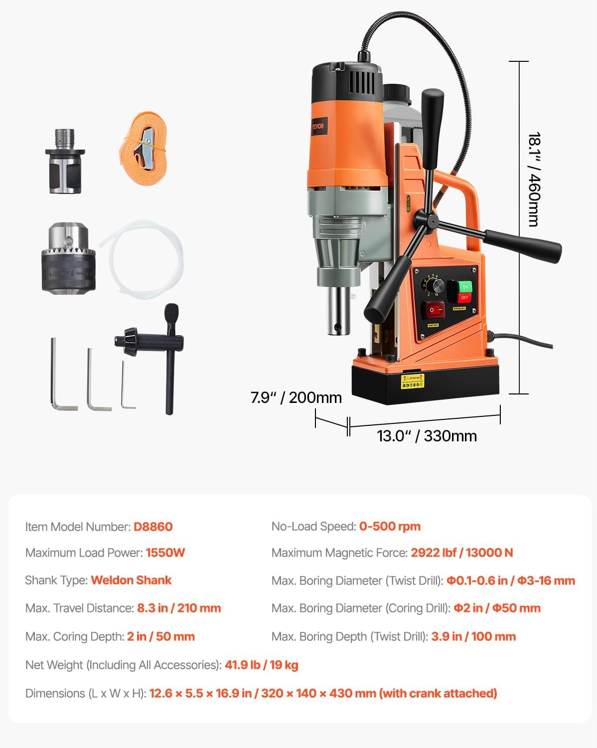 VEVOR Magnetic Drill, 1550W 1.57" Boring Diameter, 2922Lbf/13000N Portable Electric Mag Drill Press with Variable Speed, 500 RPM Drilling Machine for Any Surface Home Improvement Industry Railway image number 2
