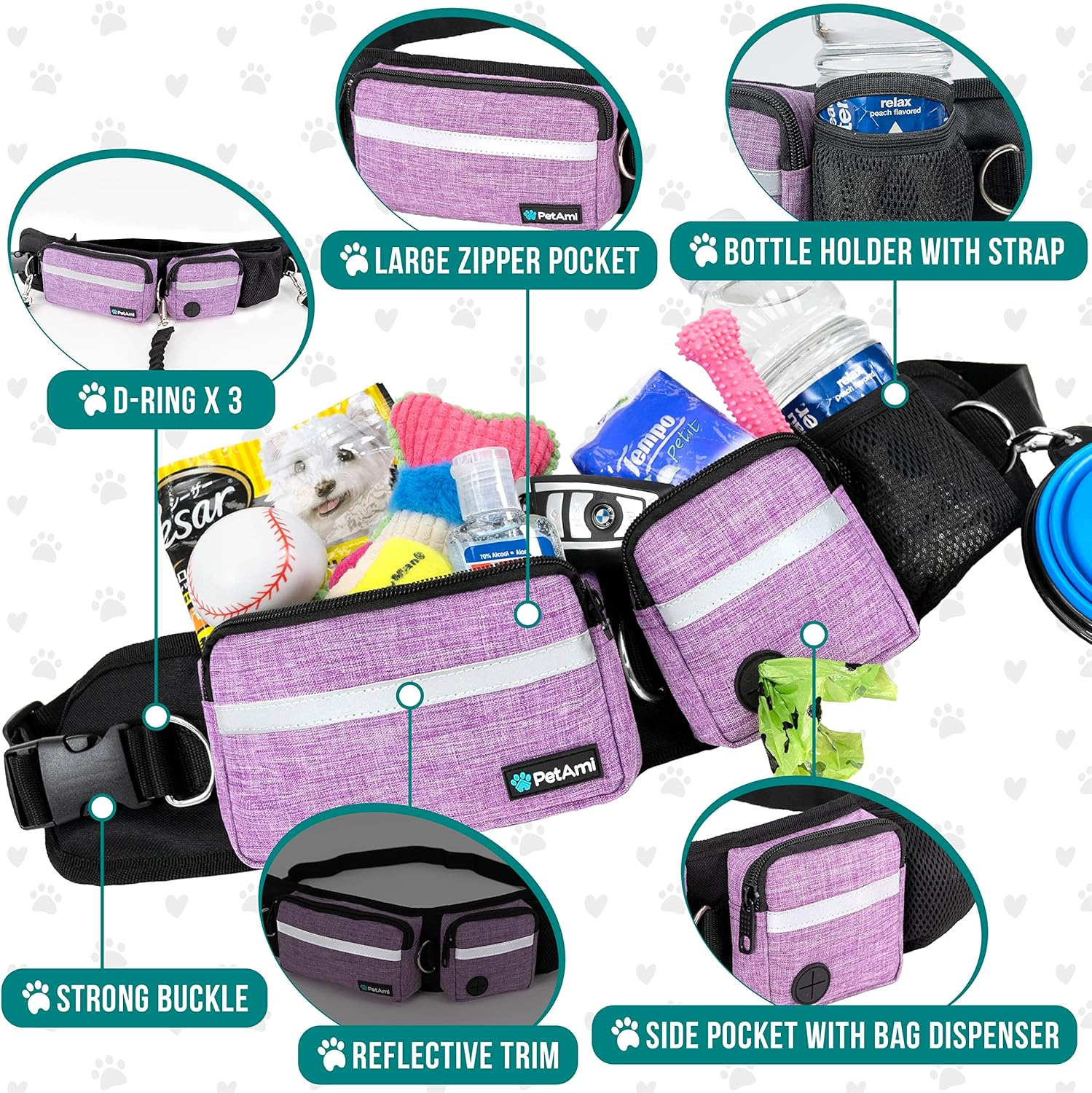 Petami Hands Free Dog Leash, Running Leash Belt Bag for Walking, Jogging, Waist Double Zipper Pouch with Poop Dispenser, Dual Padded Handles Reflective Bungee Double, Purple, 2 Leashes image number 3