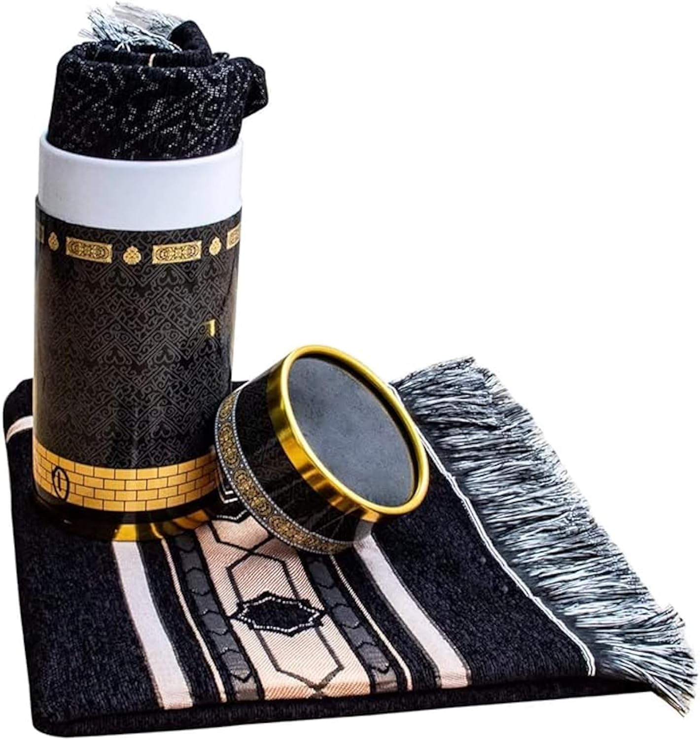 Muslim Prayer Rug & Beads Set with Stylish Cylinder Gift Box Ultra-Soft Taffeta Prayer Mat Perfect Islamic Spiritual for Ramadan Islamic Arabesque Pattern 120 * 70Cm image number 3