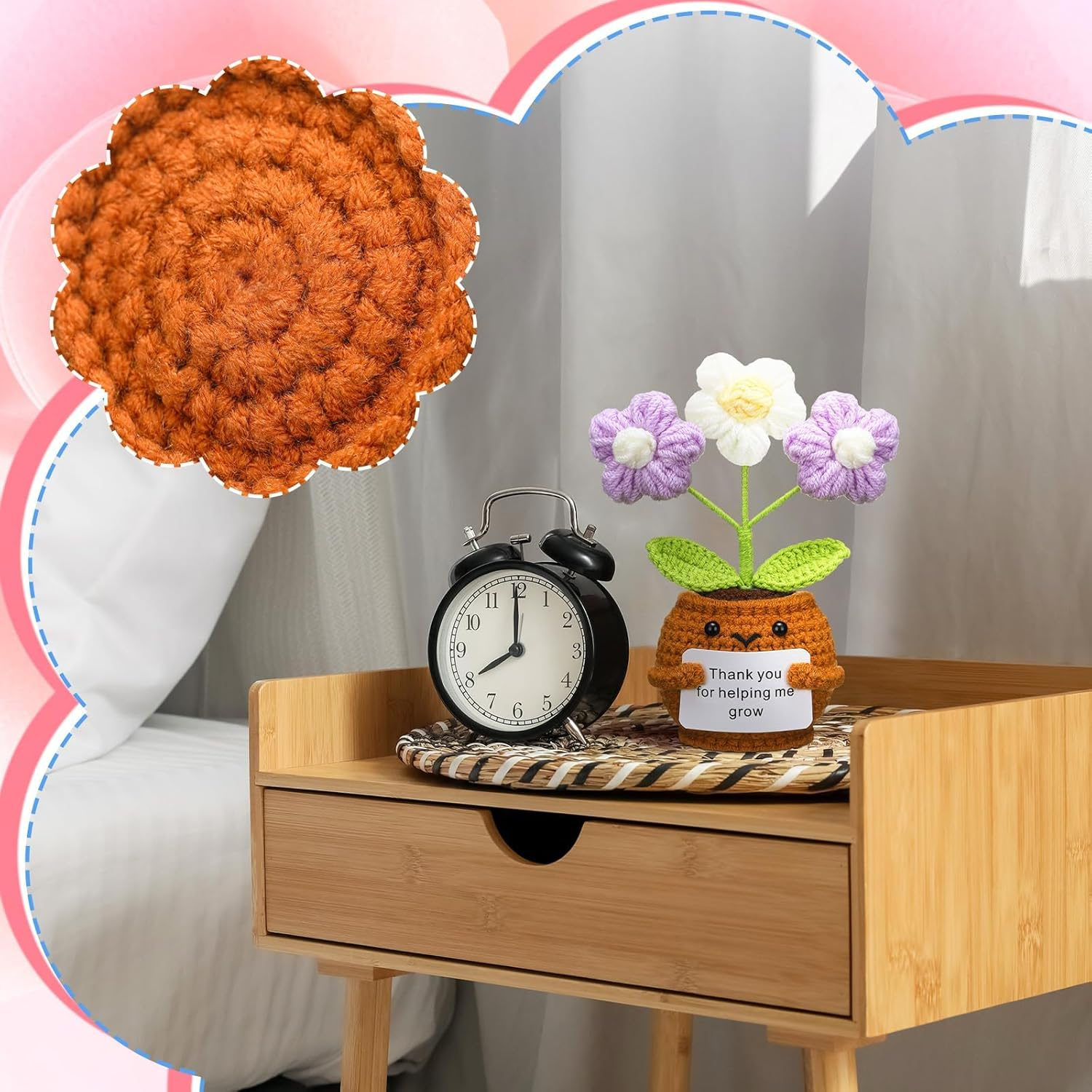 3 Pcs Emotional Support Plush Flowers Positive Crochet Potted with Card Thank You for Helping Me Grow Teacher Thank You Gifts for Birthday Home Office Decor(Puff Flower) image number 2