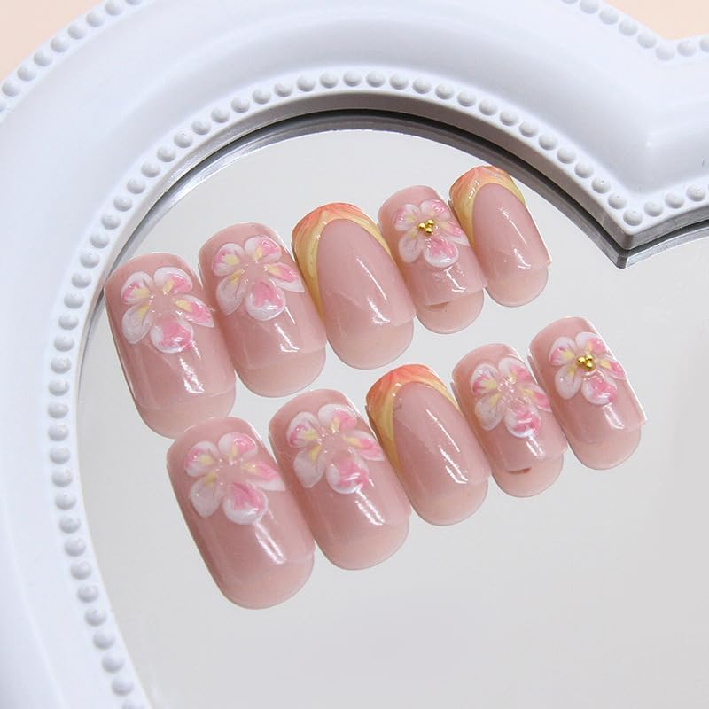 LYMCY Press on Nails French,3D Striped Ice Flower and Gold Bean Fake Nails, Artificial Nails for Women and Girls -24 Pcs