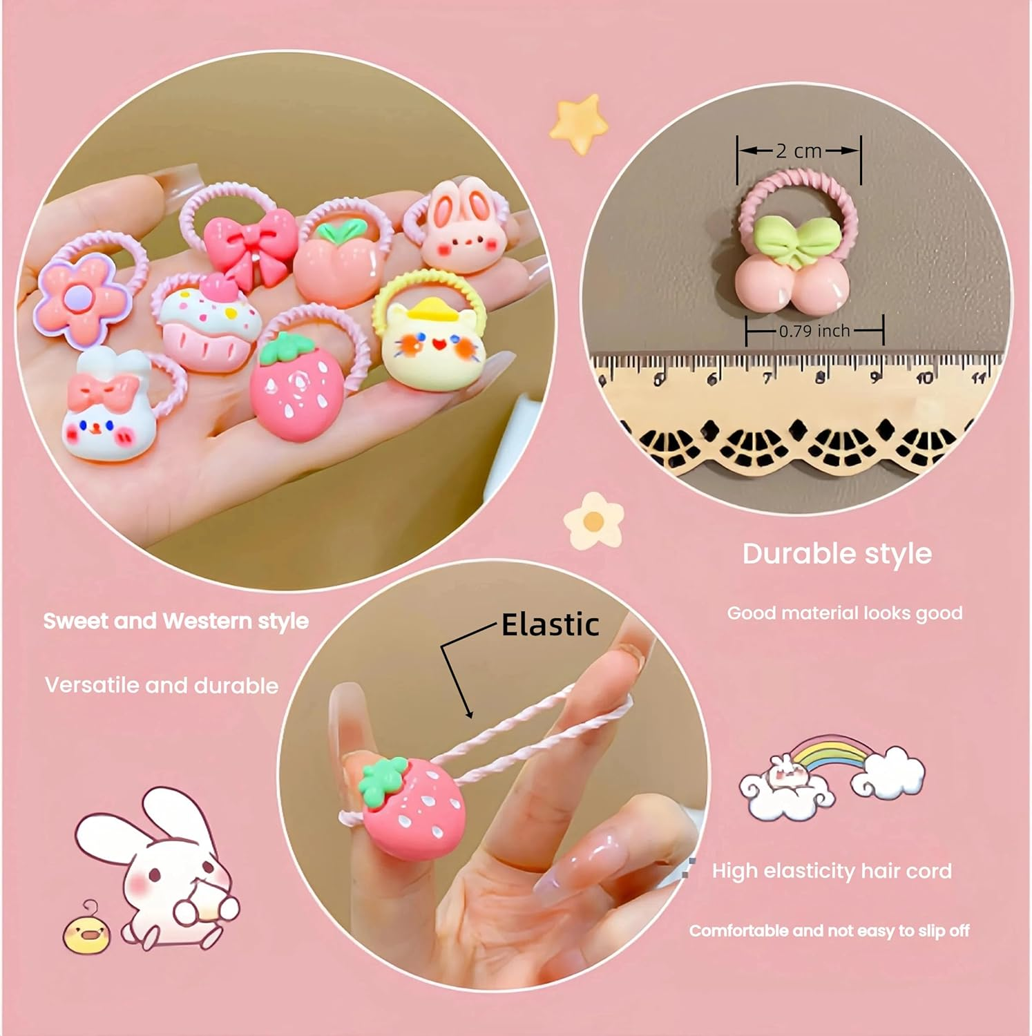 70Pcs Candy Baby Hair Ties Cute Hair Ties Cartoon Princess Elastic Hair Band, Cat Strawberry Flower Bear Ponytail Holders Rubber Bands Hair Accessories for Baby Infant Toddler