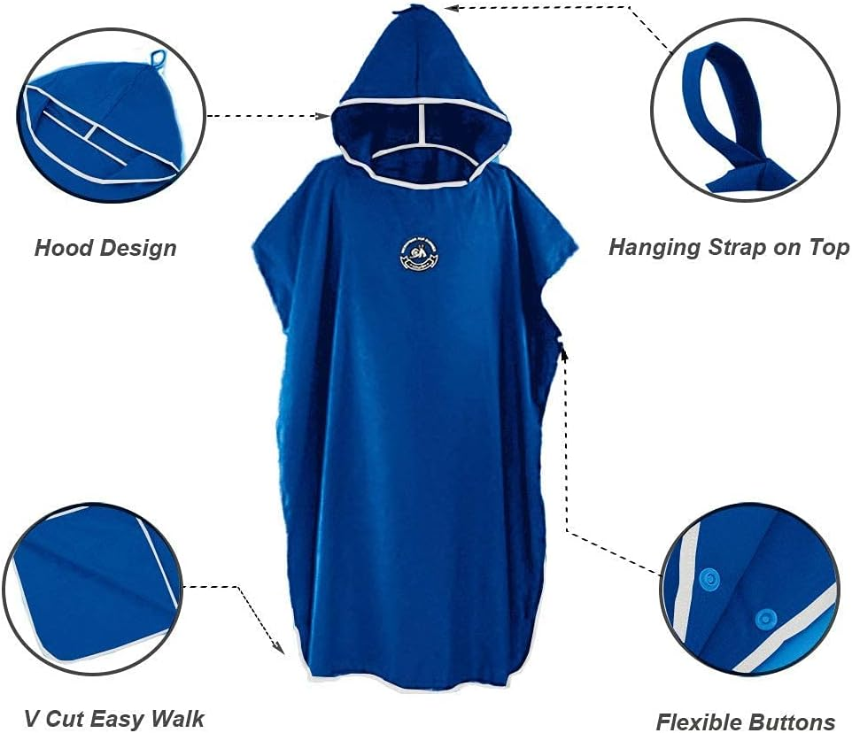 Hiturbo Microfiber Surf Poncho, Wetsuit Changing Bath Robe, Quick Dry Pool Swim Beach Towel with Hood (Dark Blue) image number 5