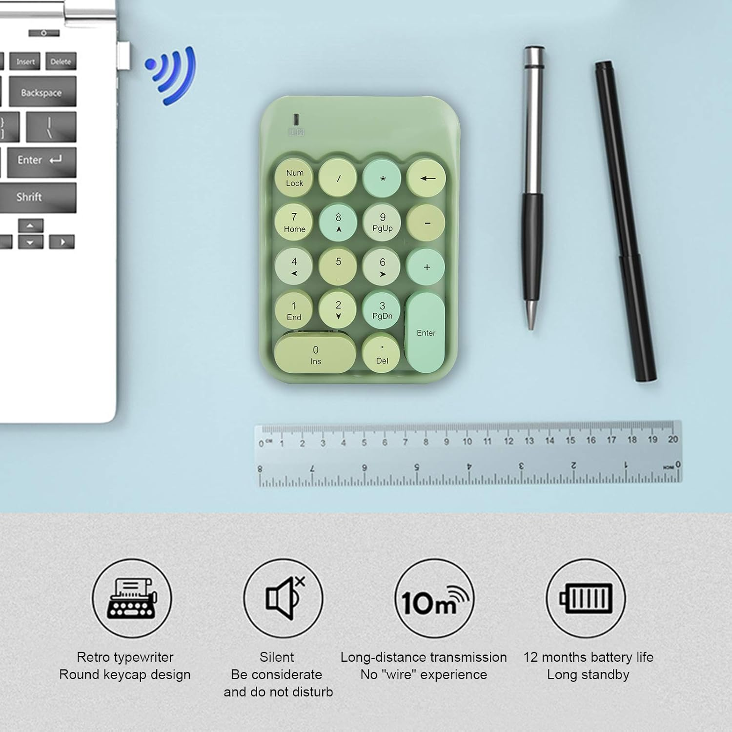 Wireless Numeric Keyboard, 18 Keys Chocolate round Keycap Retro Typewrite Numeric Keyboard 2.4Ghz Portable Silent Number Keyboard with USB Receiver for Laptop, Notebook, Mac (Fantasy Green) - Fantasy Green image number 1
