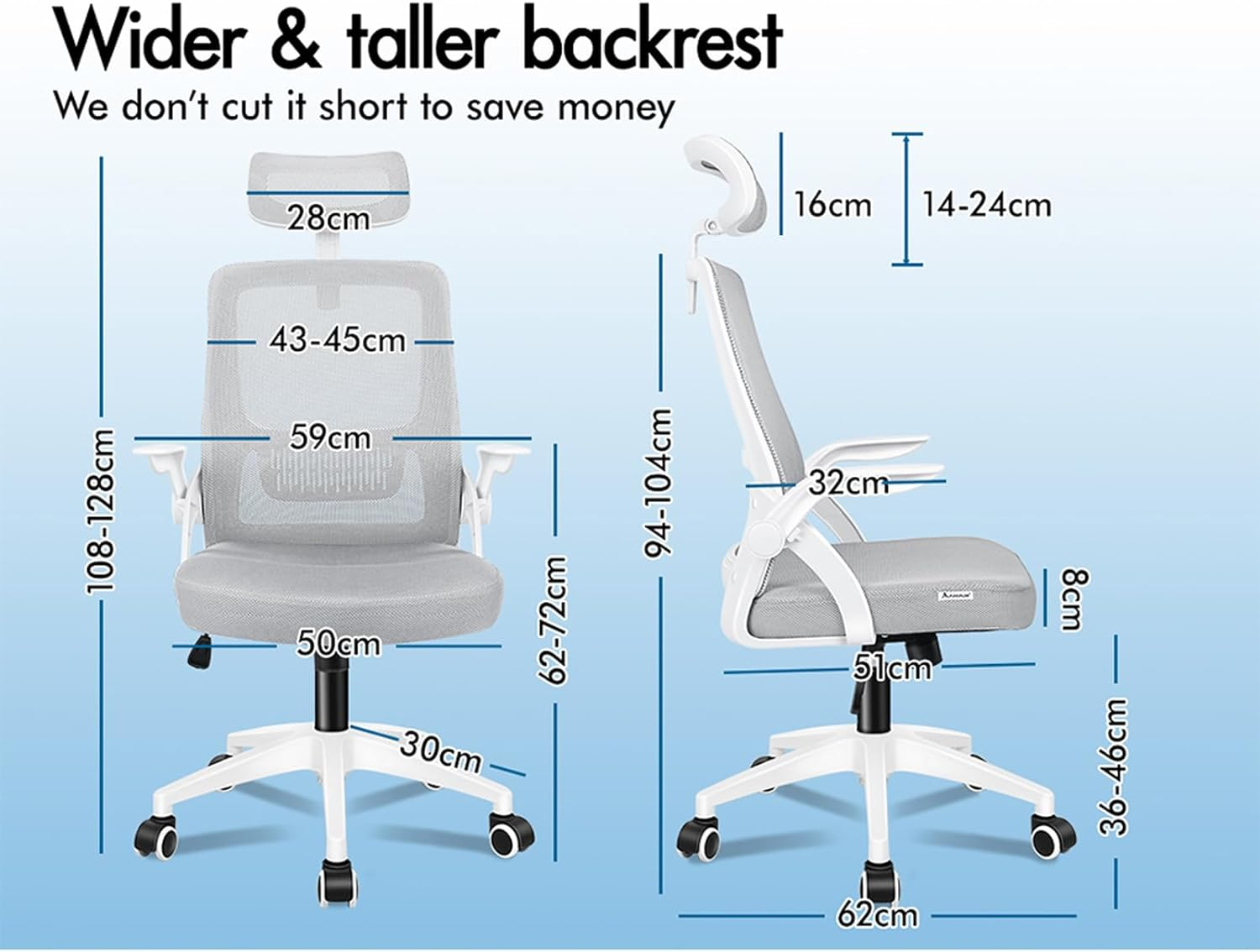 ALFORDSON Mesh Ergonomic Office Chair with Adjustable Headrest & Flip-Up Armrest, Tilting Executive Computer Desk Chair with SGS Listed Gas-Lift, Swivel Gaming Chair(Arco White Grey) image number 3