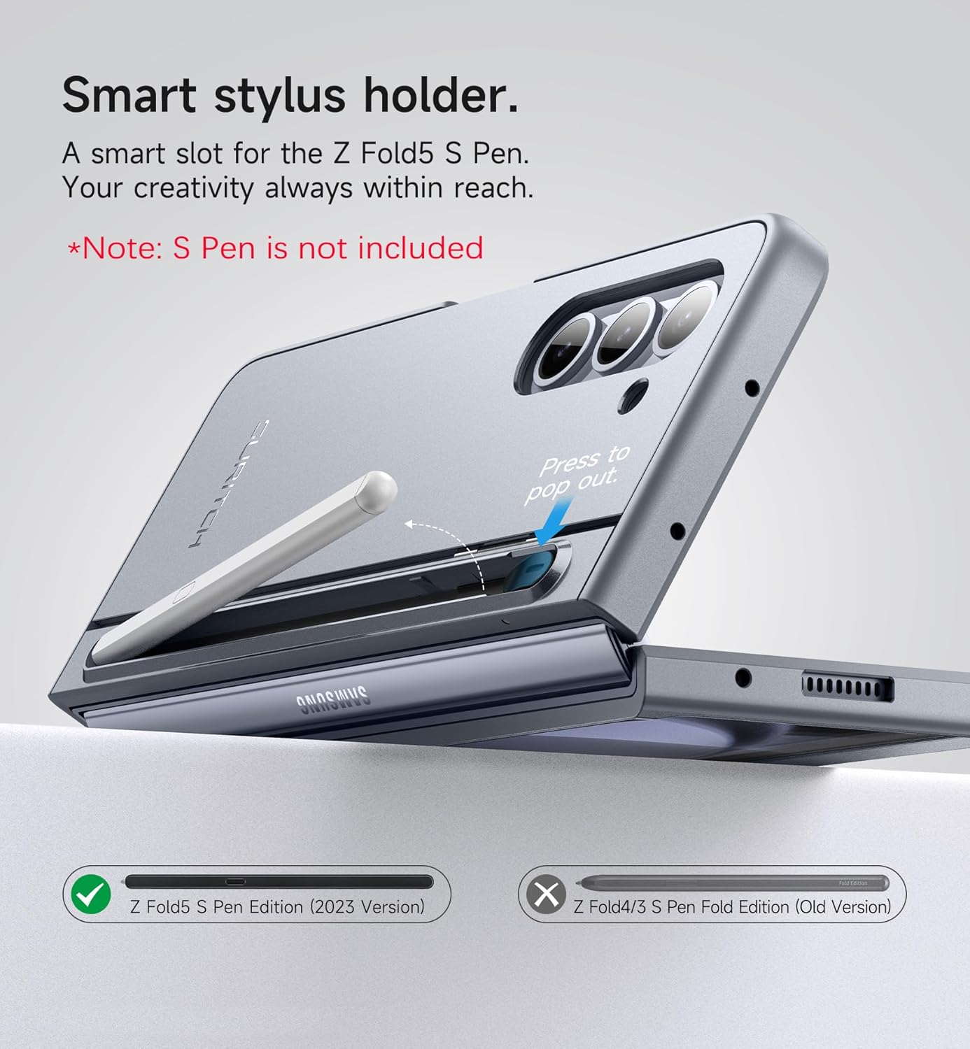 SURITCH for Samsung Galaxy Z Fold 5 Case with Kickstand and S Pen Holder [S Pen NOT Included], Phone Case for Z Fold 5 2023 -Gray Blue image number 3