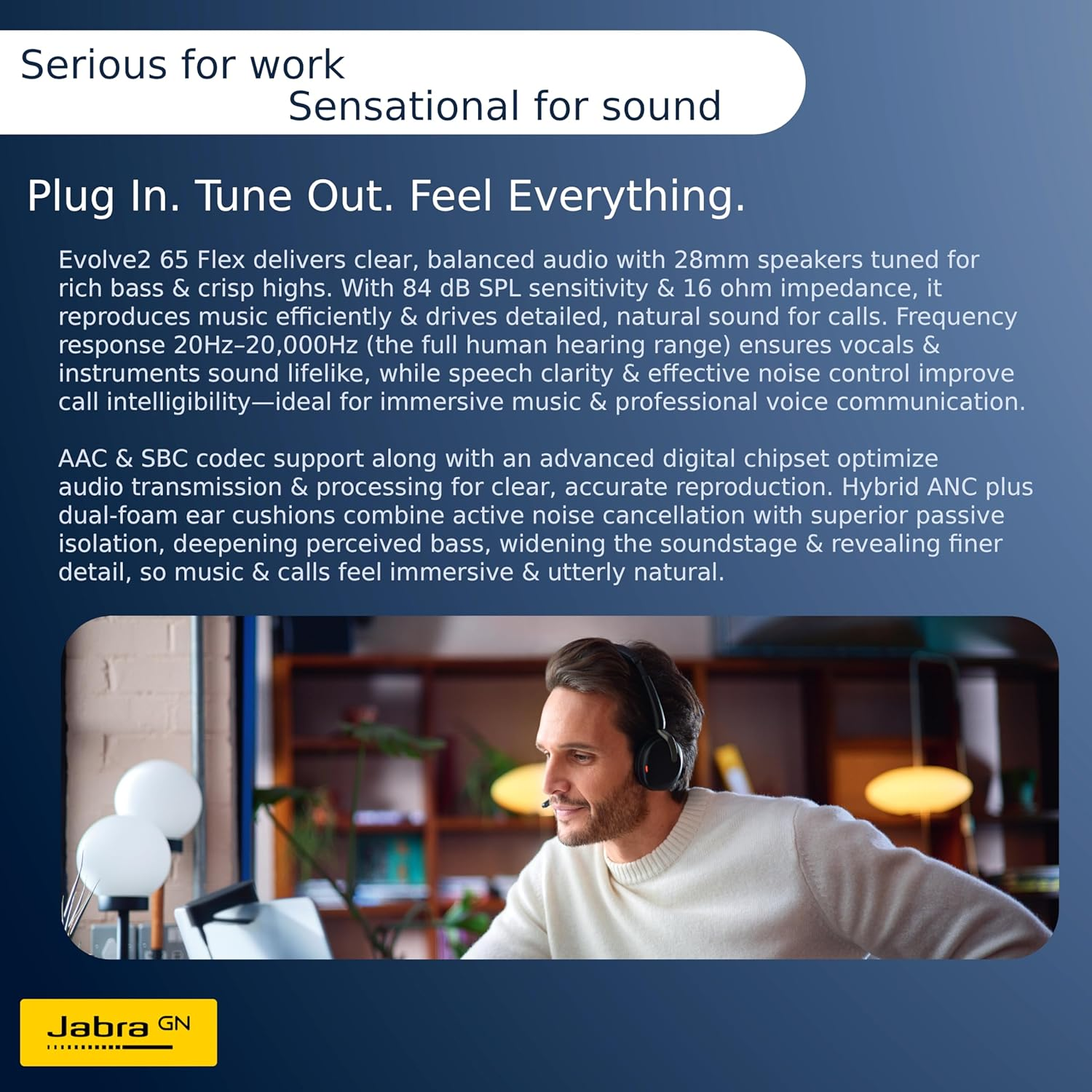 Jabra Evolve2 65 Flex Noise Cancelling Headphones - Wireless on Ear Headphone with Mic - Incredible Sound - 6 Microphone Array - 36Hr Batt Teams ANC Bluetooth Headset Hidden Boom USB C W/Less Charger image number 2