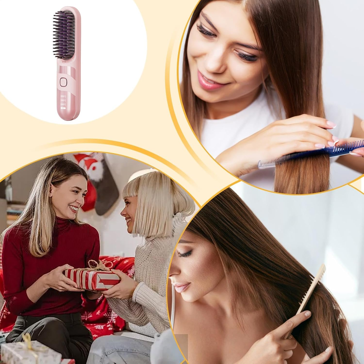 Uoqpty Small Hair Straightener - Electric Curler Brush,2-In-1 Portable Cordless Hair Straightener Brush with 3 Adjustable Temperature