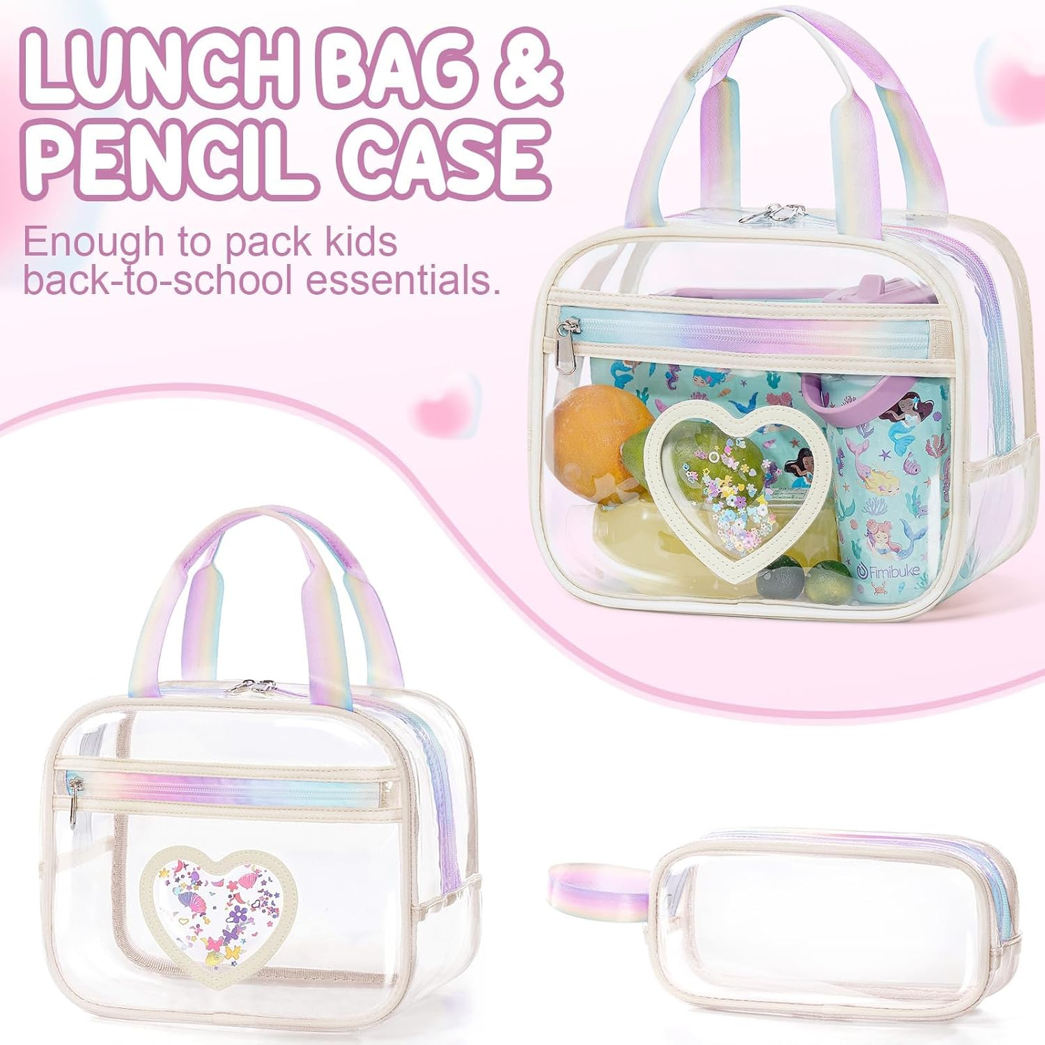 Fimibuke Clear Backpack for Girls, 3PCS Heavy Duty PVC Transparent Kids Backpack for Teen Girl with Lunch Box & Pencil Case - Beige image number 7