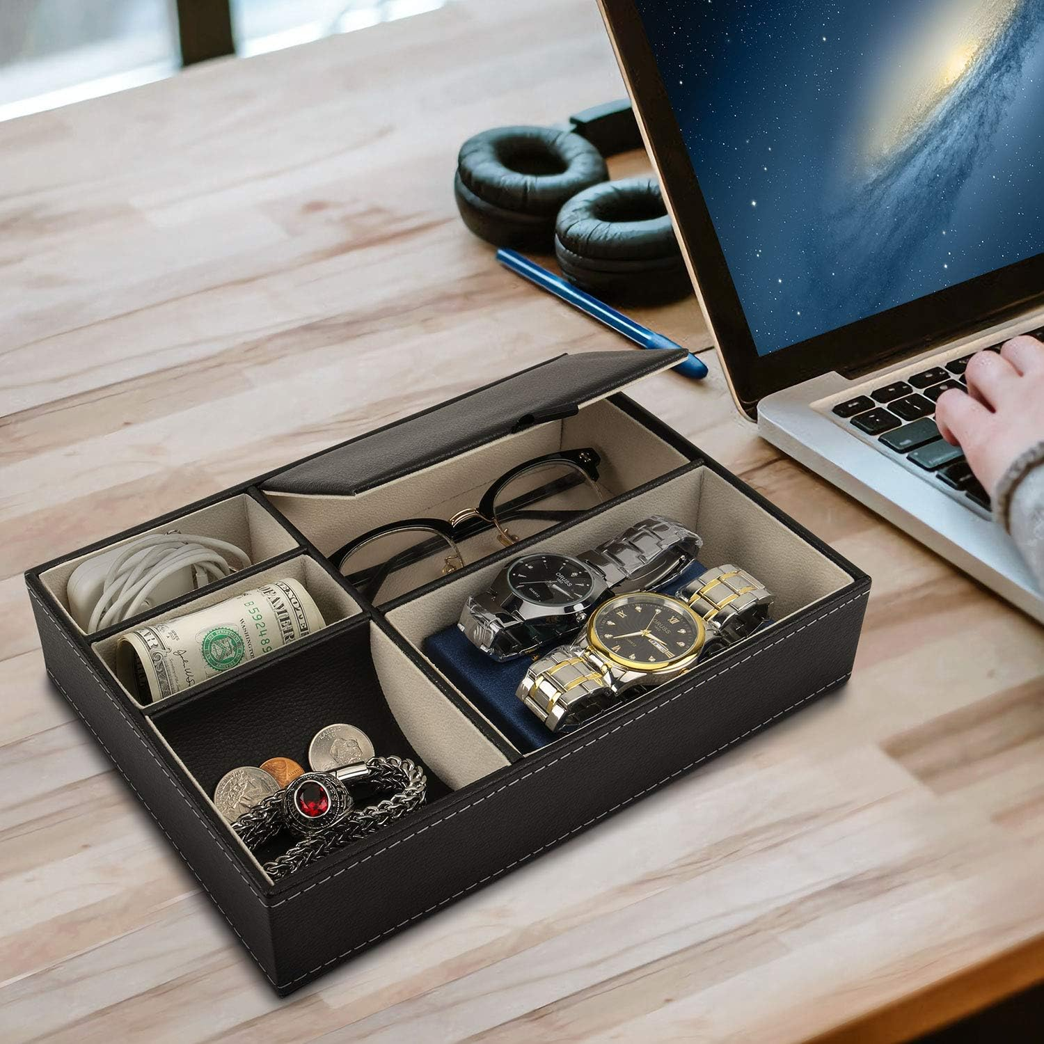 BAOYUN Valet Tray - Leather Mens Night Stand Organizer with 5 Compartment for Wallet, Phone, Sunglasses, Coins, Keys, Jewelry image number 6