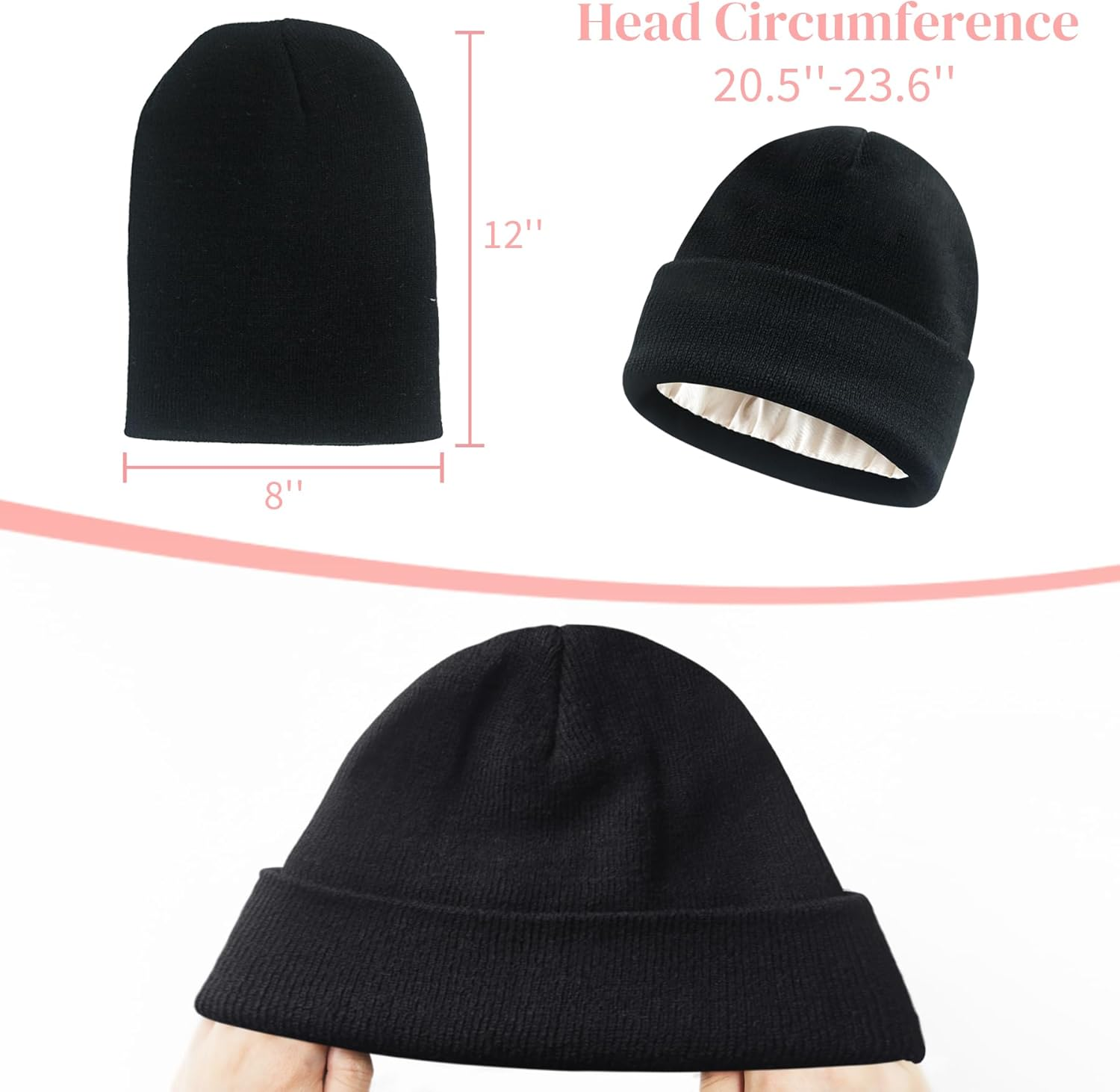 ANTI-REBOUNDUMBRE Satin Lined Beanie for Women Men Winter Hat Silk Lining Warm Cuffed Beanie Knit Hats image number 5