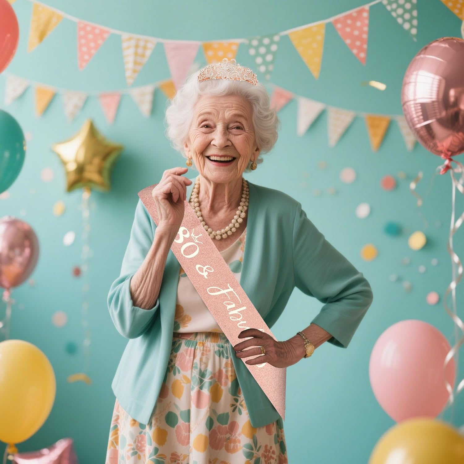 Exipsat Birthday Crown Sash 80 Birthday Woman 80 and Fabulous Sash and Rhinestone Tiara Set, 80Th Birthday Tiara, Birthday Sash for Women, Rose Gold Birthday Party Supplies image number 1