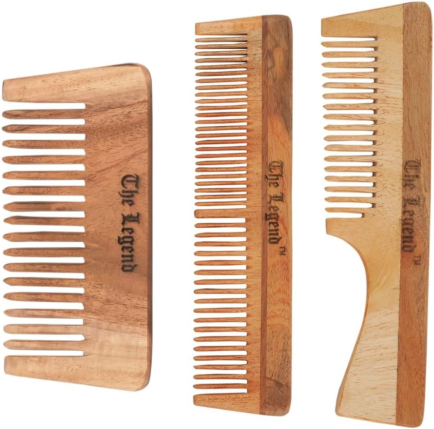 The Legend Neem Comb, Wooden Comb | Hair Growth, Hair Fall, Dandruff Control | Hair Straightening, Frizz Control | Comb for Men, Women (Wideteeth,Handle and Normal, Pack of 3)