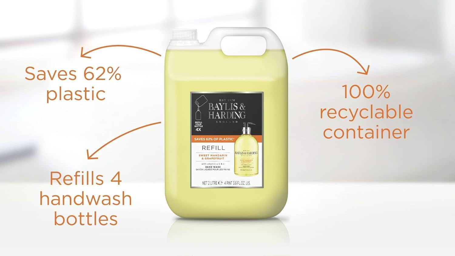 Baylis & Harding Sweet Mandarin and Grapefruit Hand Wash 2 Litre Refill (Pack of 3 - Total 6 Litres) - Vegan Friendly