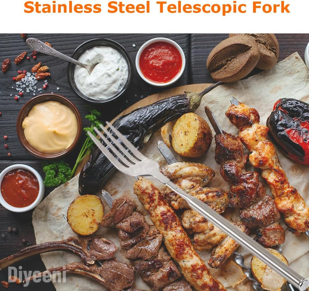 Stainless Steel Dinner Fork,Bbq Telescopic Extendable Dinner Fruit Dessert Long Handle Fork Stainless Steel Cutlery,Anti Rust,Sturdy And image number 2