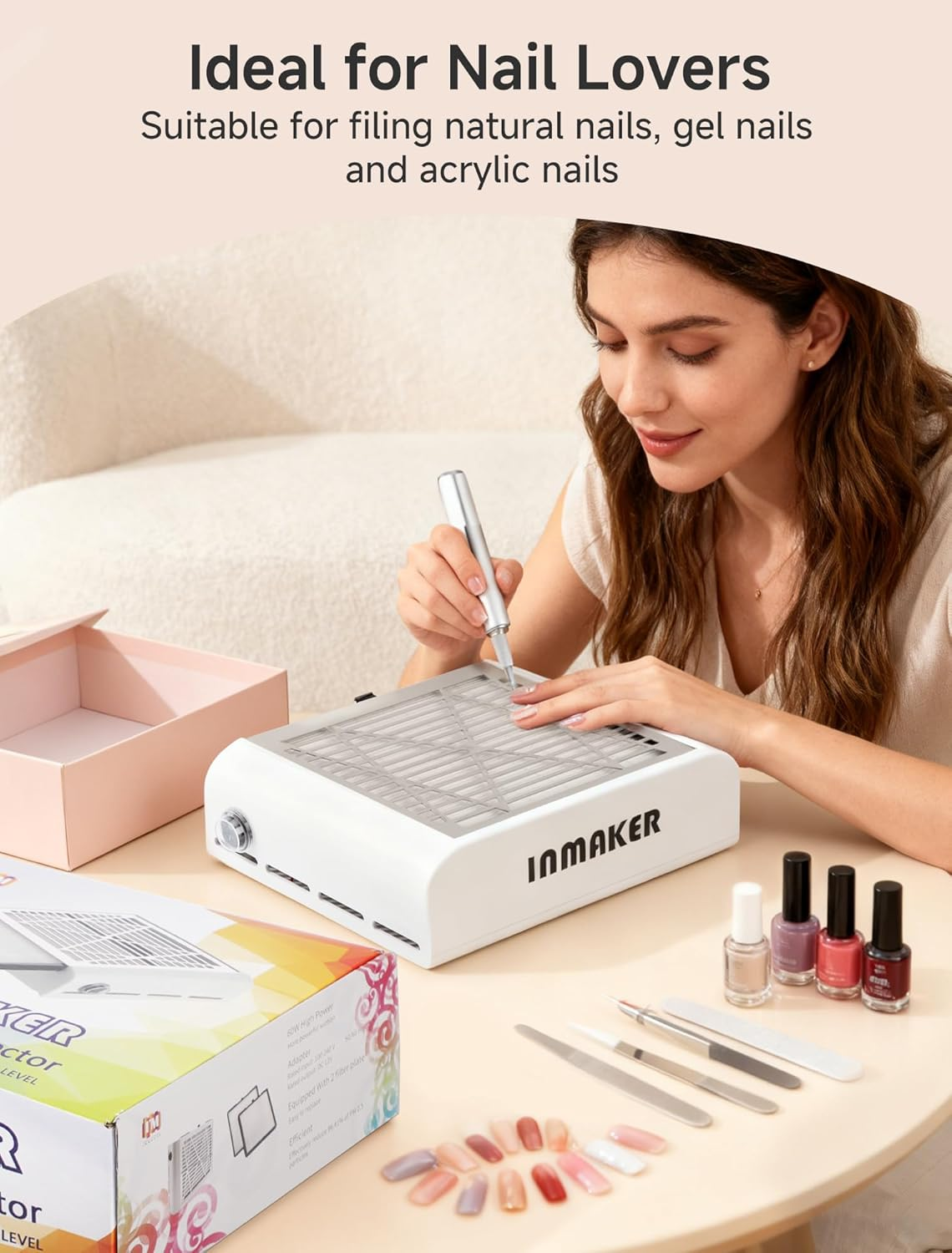 Dust Extraction for Nails, 60 W Nail Vacuum Cleaner with 2 Reusable Filters, Professional Nail Dust Extraction, Suction Nail Studio for Acrylic Nails, Gel Nails, White image number 3