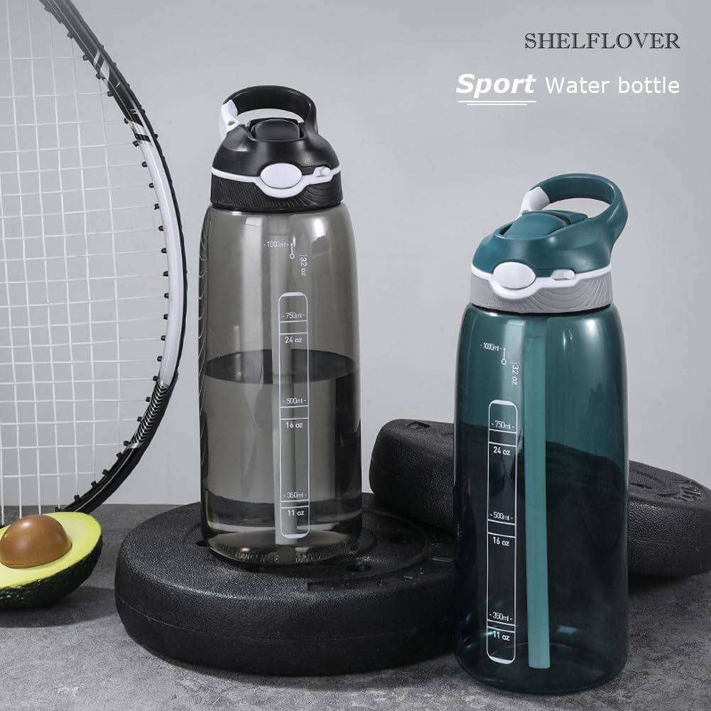 1000Ml Black Water Bottle with Straw, BPA FREE Clear Bottle with Handle One Hand Use Easy Carried, Flip Up, Suit School, Office, Gym, Office for Women Men image number 2